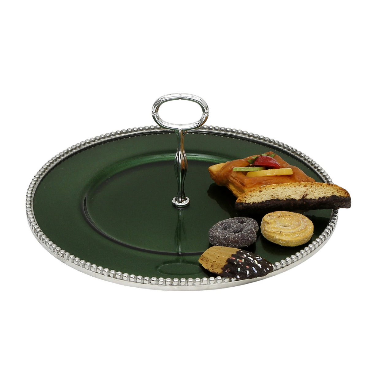 ARTE ITALICA PERLINA: Tid Bit Server Green Glass Tray with Metal rim - Golden or Chrome Oval Metal Handle - artisticaitalian.com