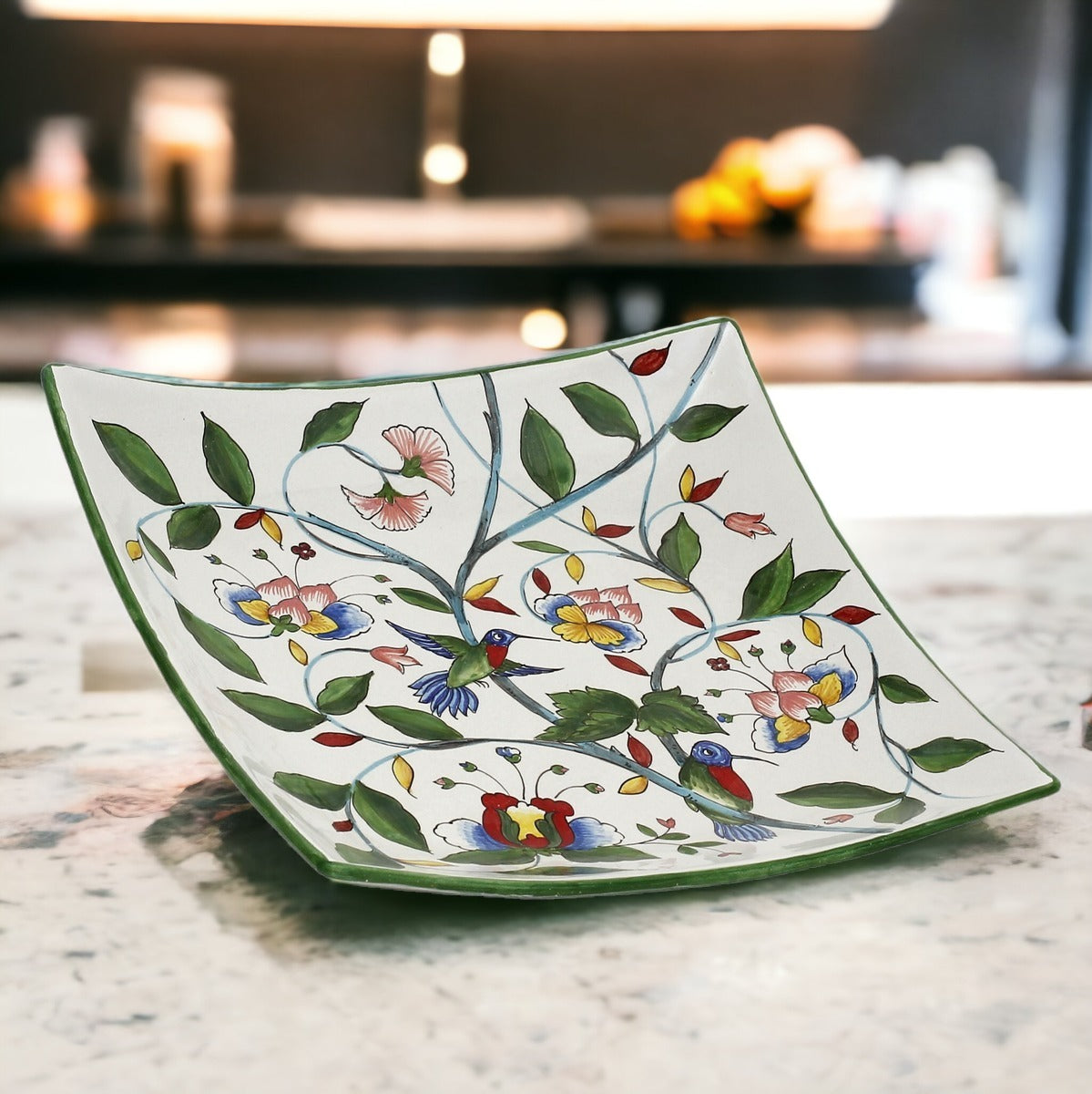 DERUTA FLORIANA: Square Bowl/Tray hand painted decorated in a floral design with hummingbird.