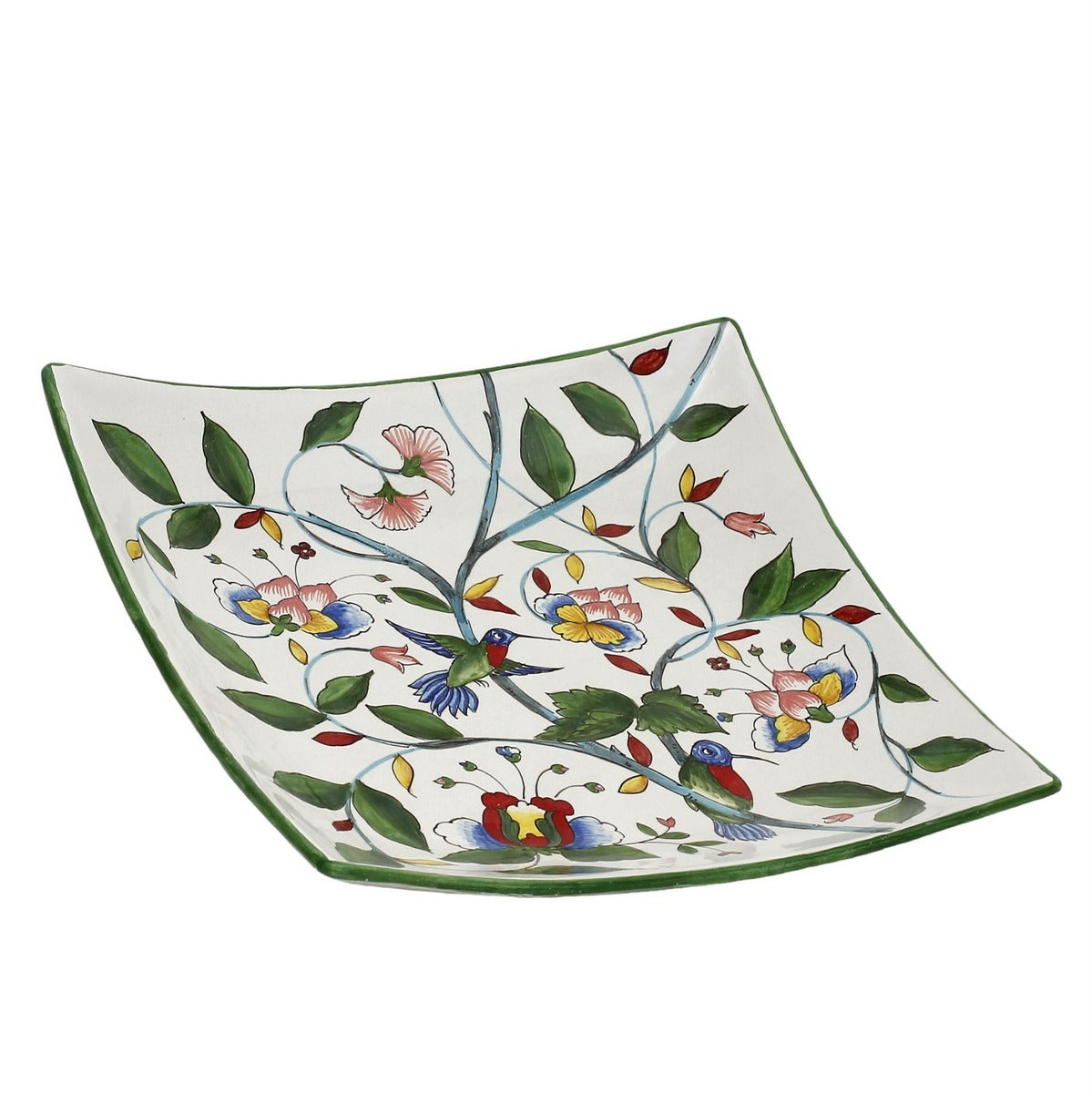 DERUTA FLORIANA: Square Bowl/Tray hand painted decorated in a floral design with hummingbird.