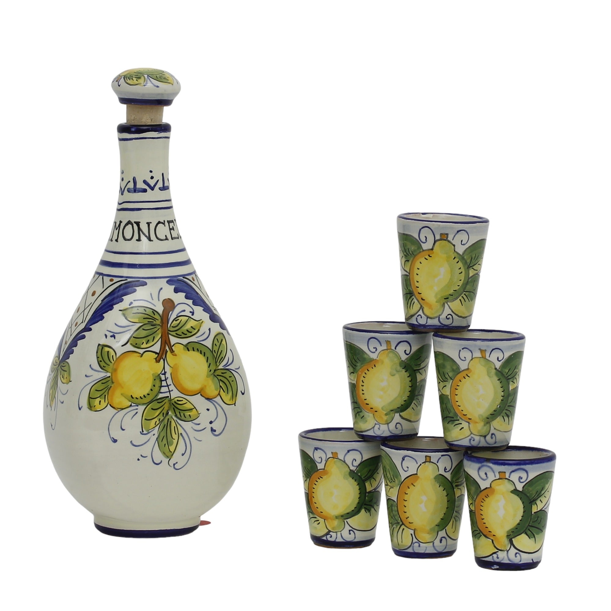 LIMONCELLO: Limoncello Set with Blue trimmings - Bottle with stopper and 6 Shot Glasses (Limocello liquor not included)