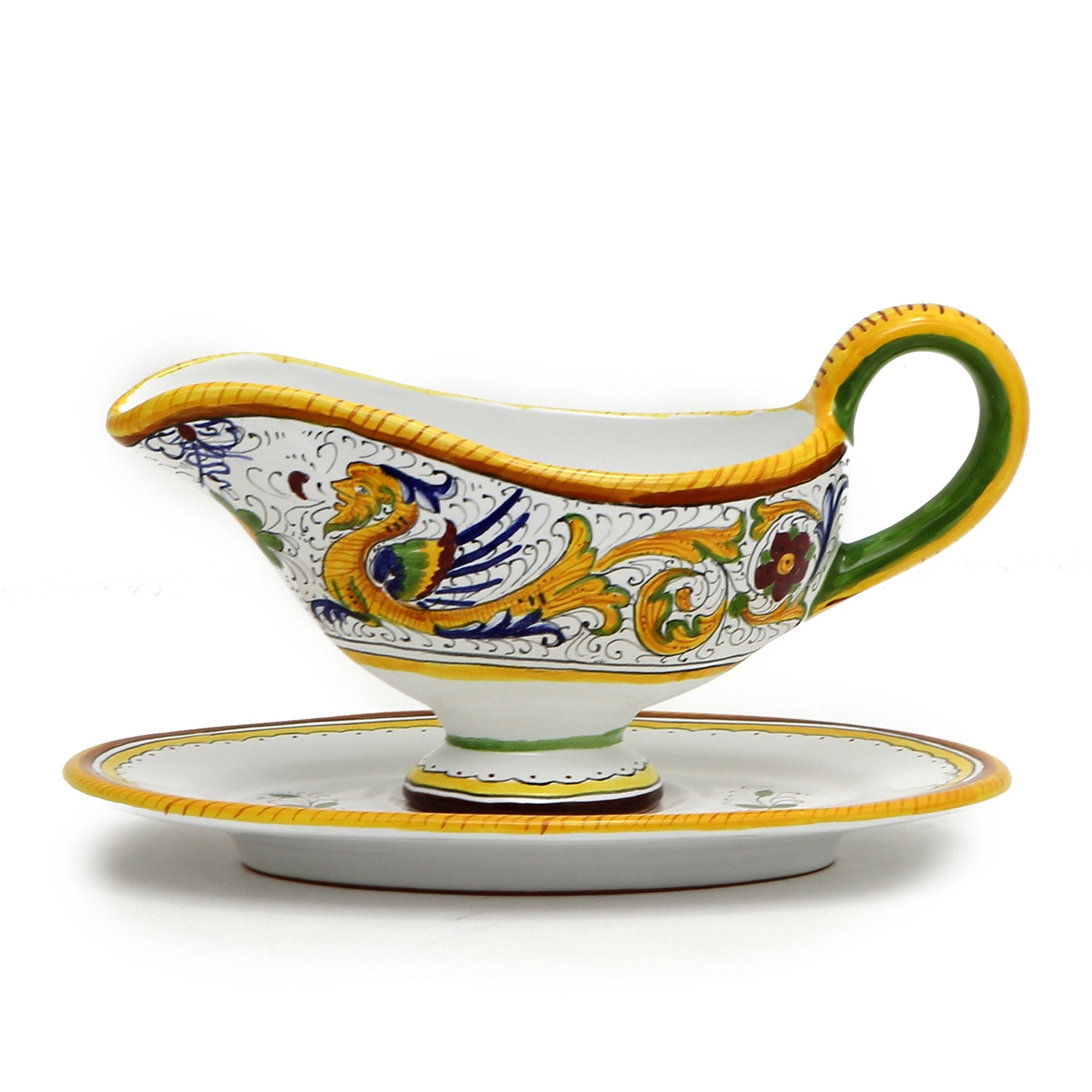 GIFT BOX: With authentic Deruta hand painted ceramic - Gravy Sauce Boat with Tray Raffaellesco Design