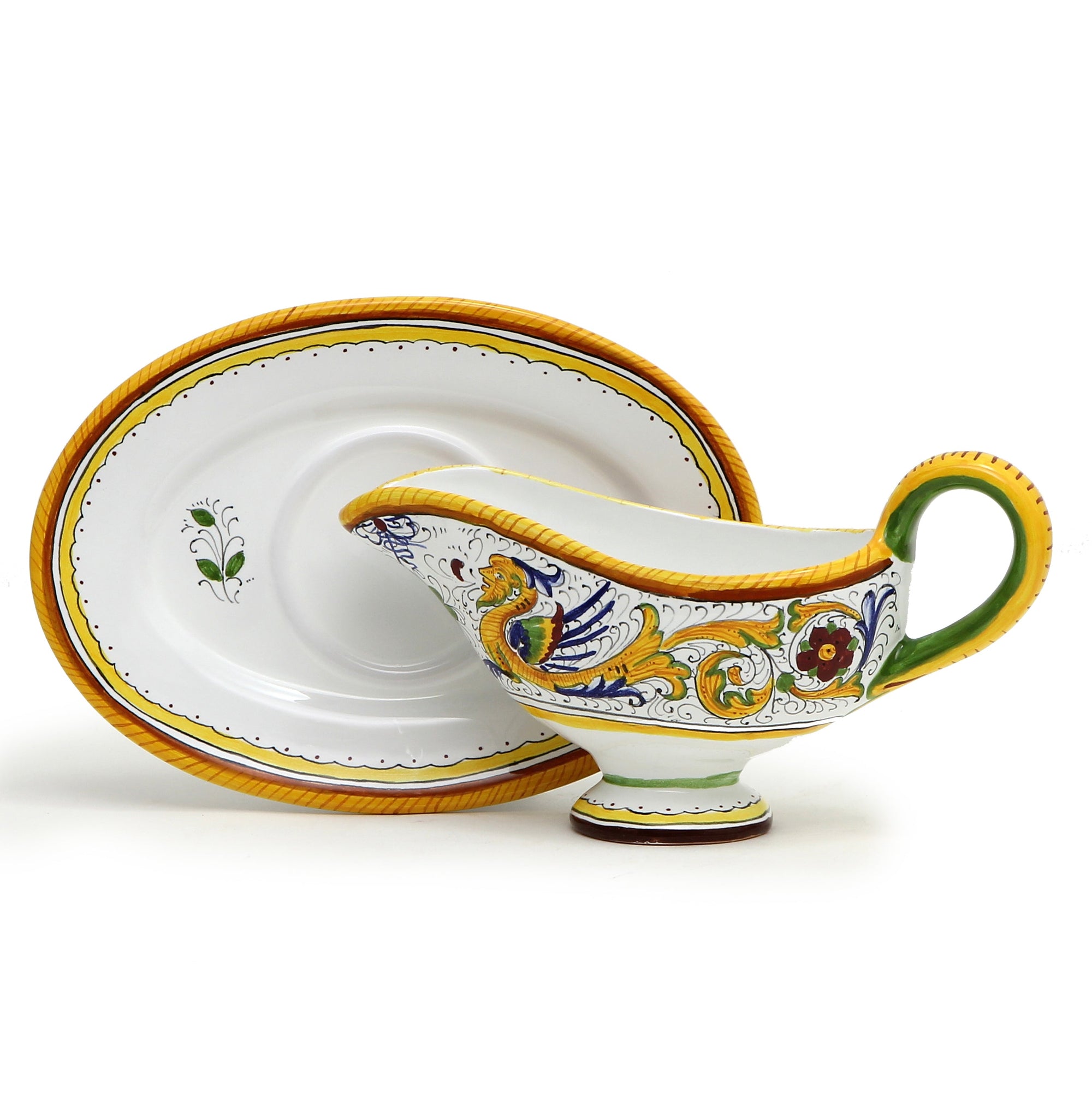 GIFT BOX: With authentic Deruta hand painted ceramic - Gravy Sauce Boat with Tray Raffaellesco Design