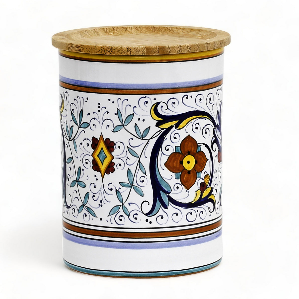 GIFT BOX: With authentic Deruta hand painted ceramic - NEW! Farina (Flour) Canister with Bamboo Lid Ricco Deruta Design