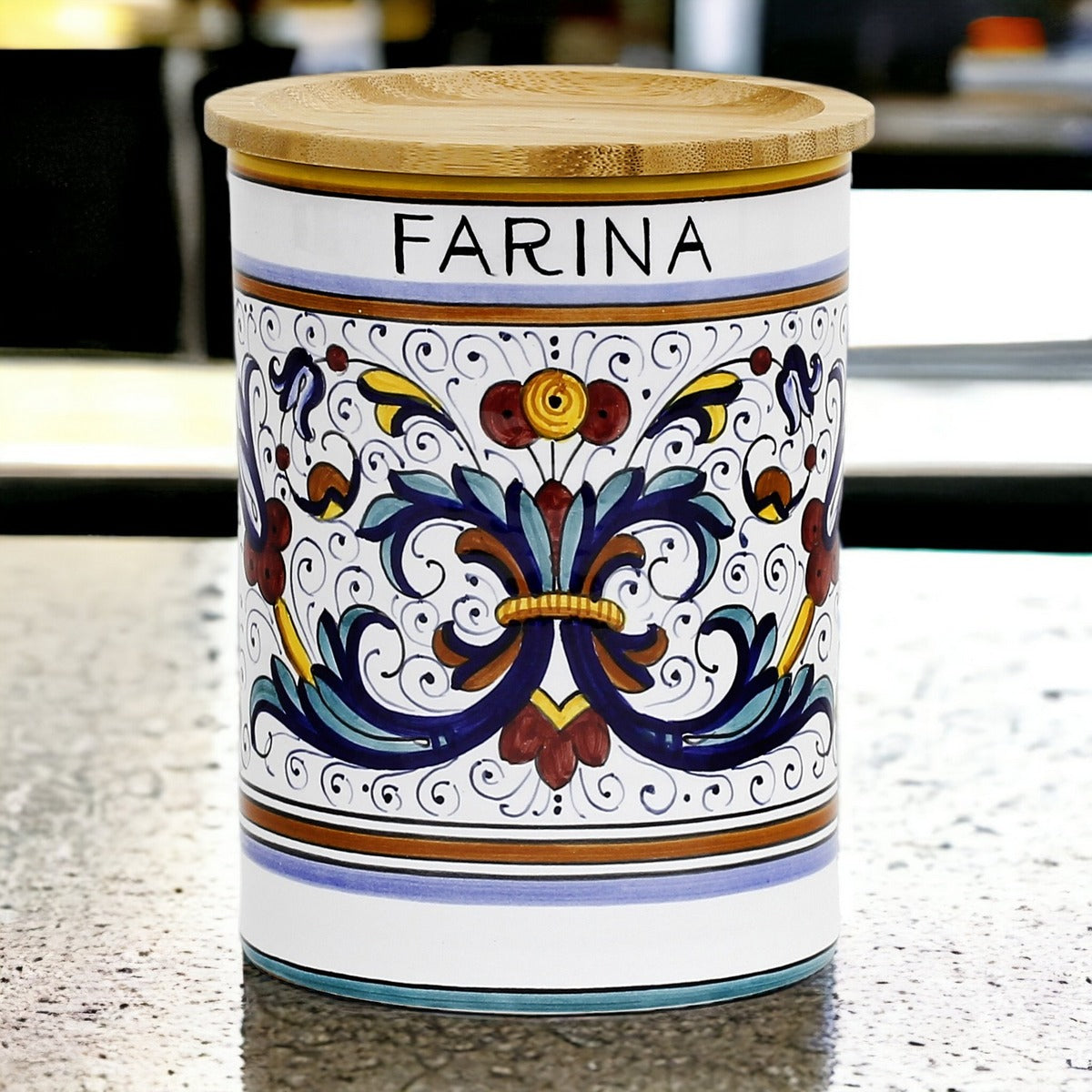 GIFT BOX: With authentic Deruta hand painted ceramic - NEW! Farina (Flour) Canister with Bamboo Lid Ricco Deruta Design