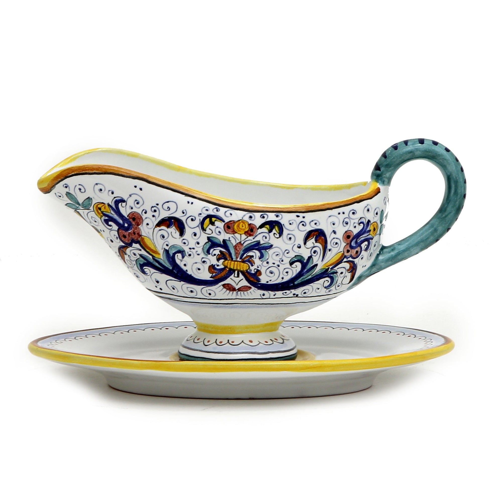 GIFT BOX: With authentic Deruta hand painted ceramic - Gravy Sauce Boat with Tray Ricco Deruta Design