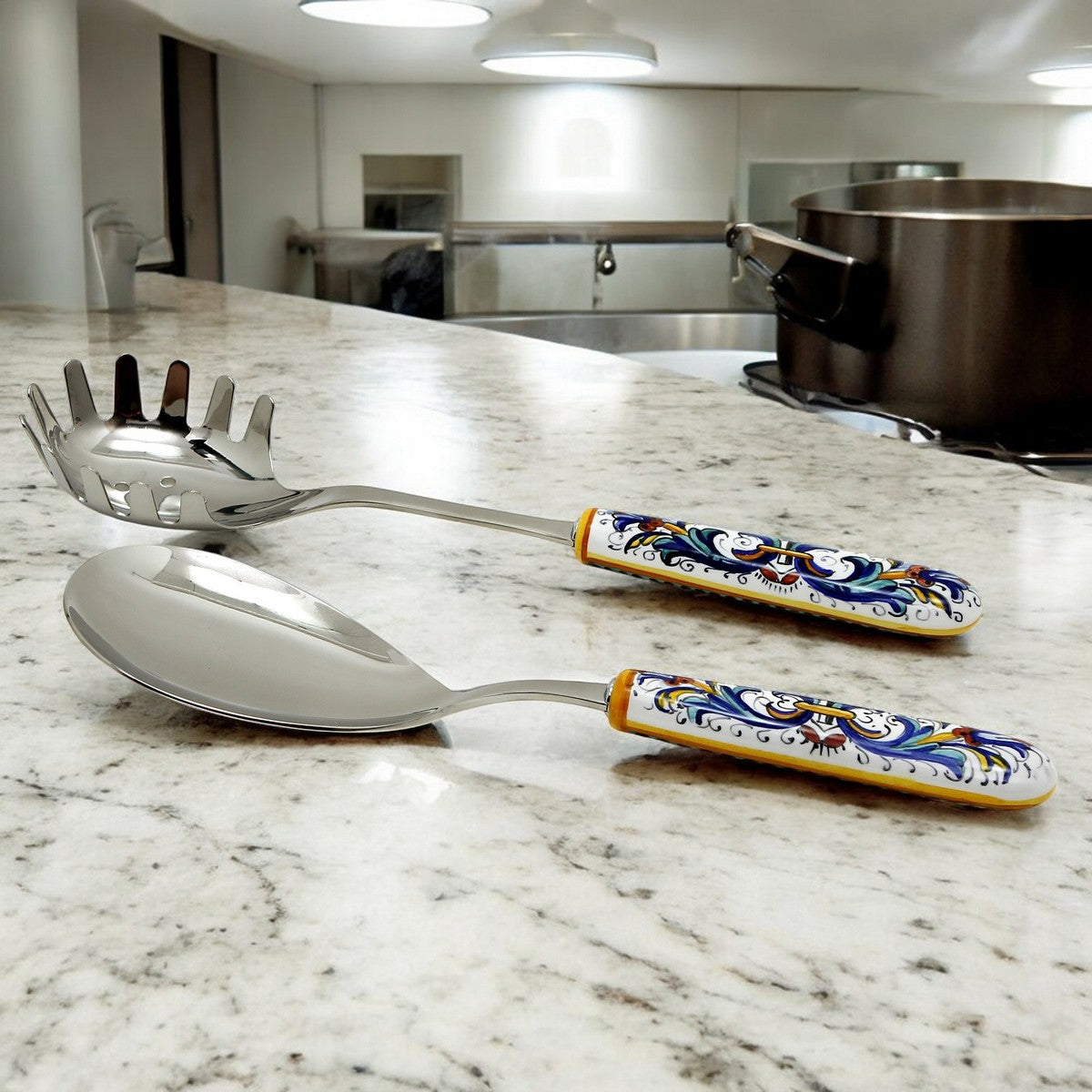 RICCO DERUTA DELUXE: Ceramic Handle Spaghetti Tong and Risotto Spoon Ladle SET with 18/10 stainless steel cutlery.