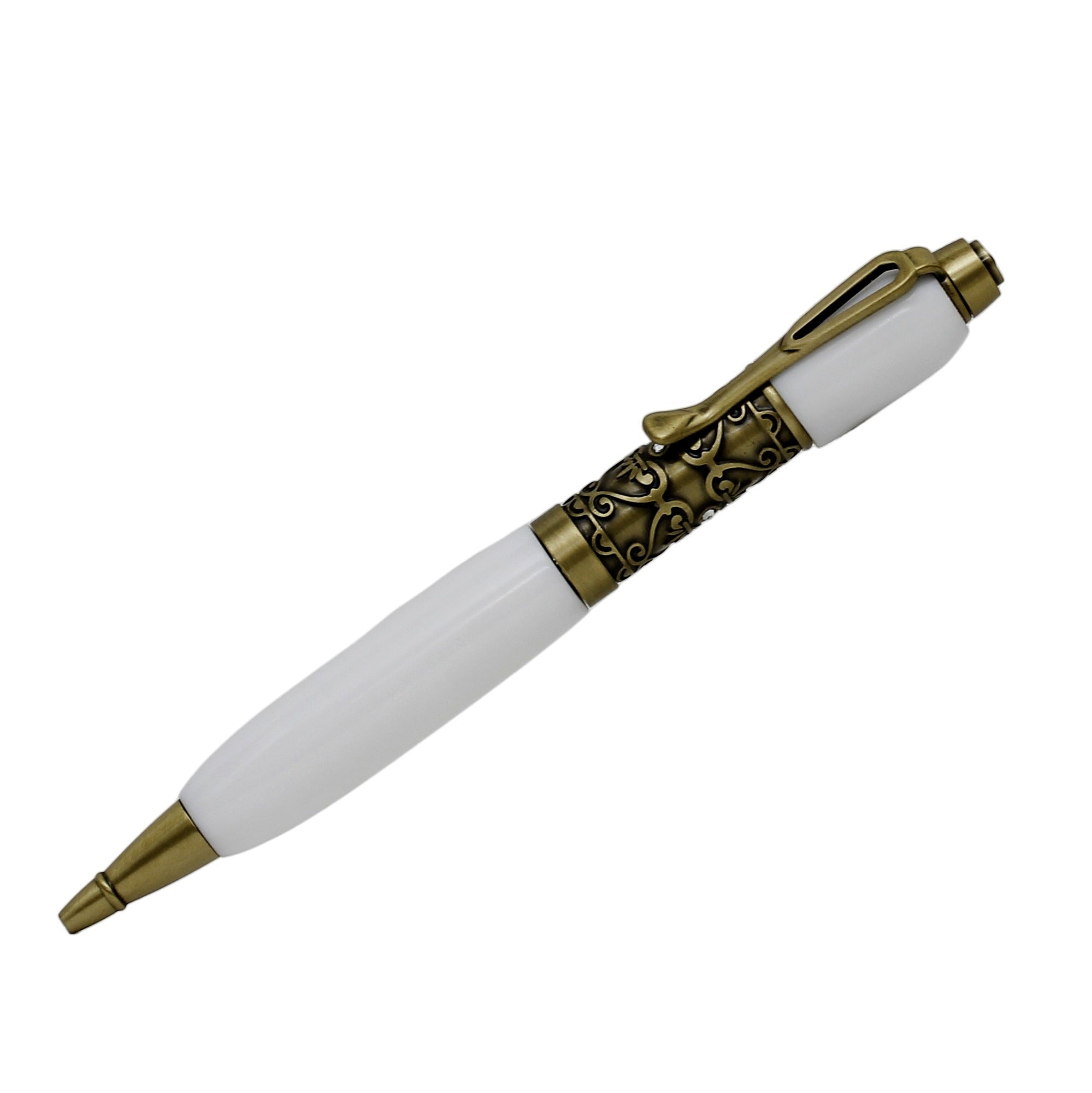 ART-PEN: Handcrafted Luxury Twist Rollerball Pen - Antique Deruta Vario design Brass finish with WHITE acrylic hand turned body - artisticaitalian.com