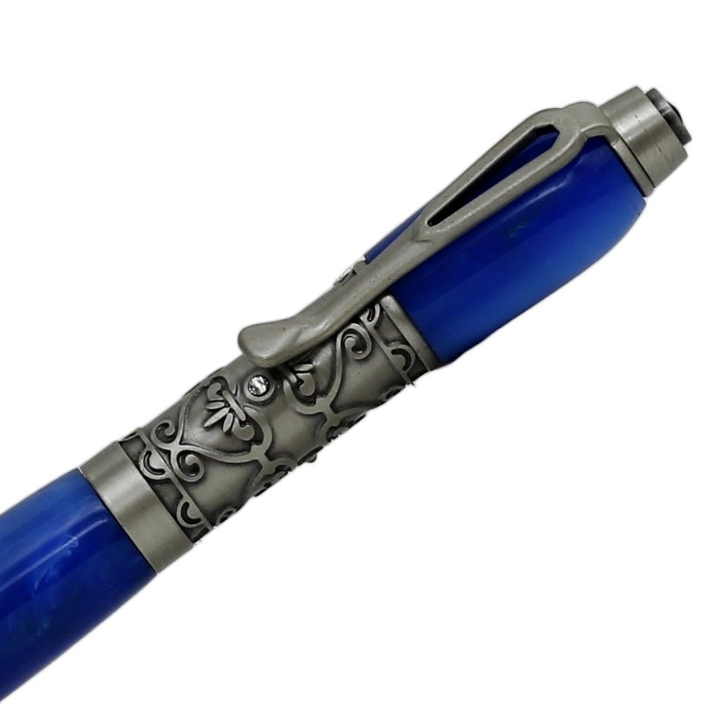 ART-PEN: Handcrafted Luxury Twist Rollerball Pen - Antique Pewter Deruta Vario design finish with SKY BLUE acrylic hand turned body - artisticaitalian.com