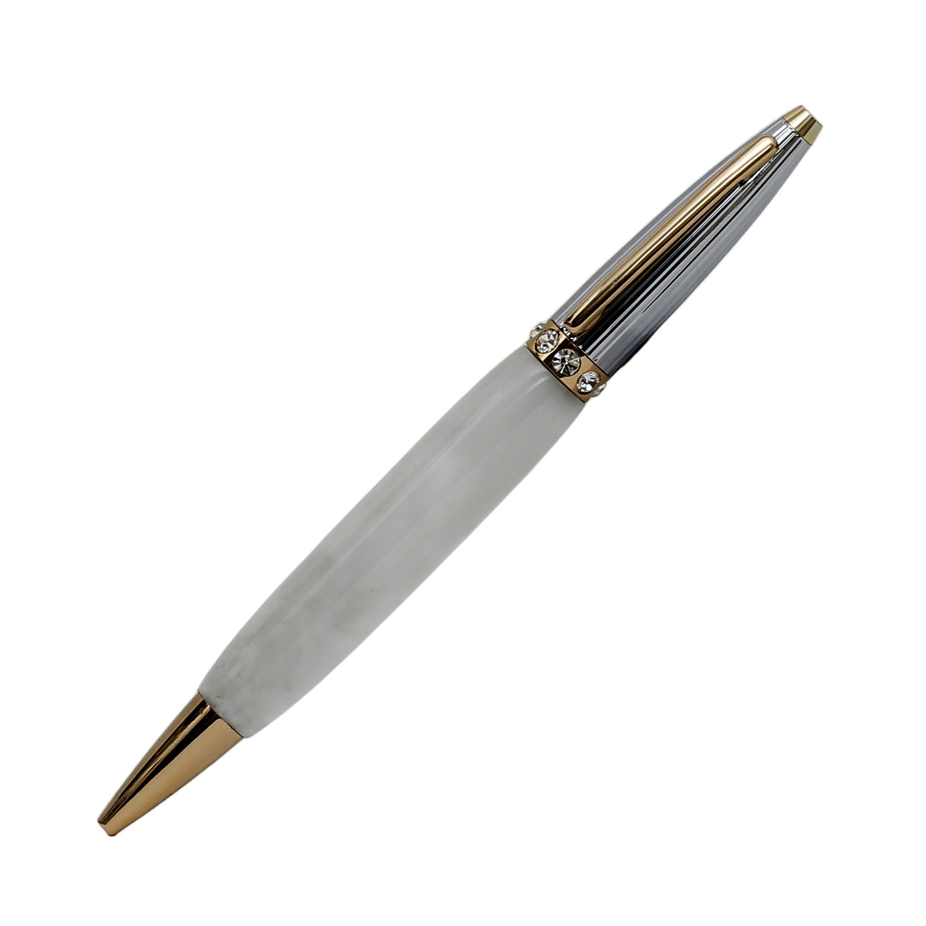 ART-PEN: Handcrafted Luxury Twist Rollerball Pen - GOLD/SILVER Principessa design with WHITE acrylic hand turned body - artisticaitalian.com