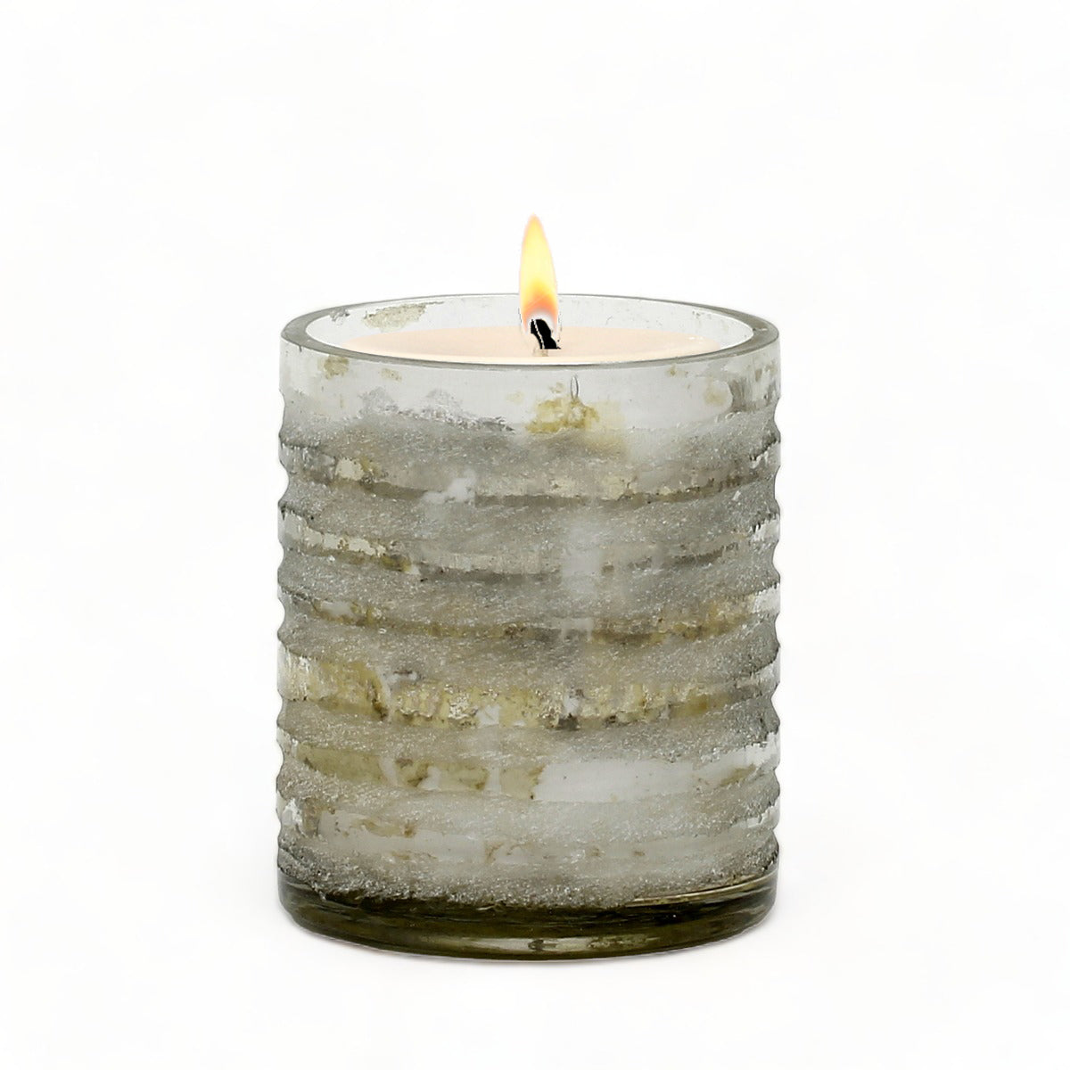 MONDIAL CANDLES: Clear+Gold+Bronze distressed glass container candle