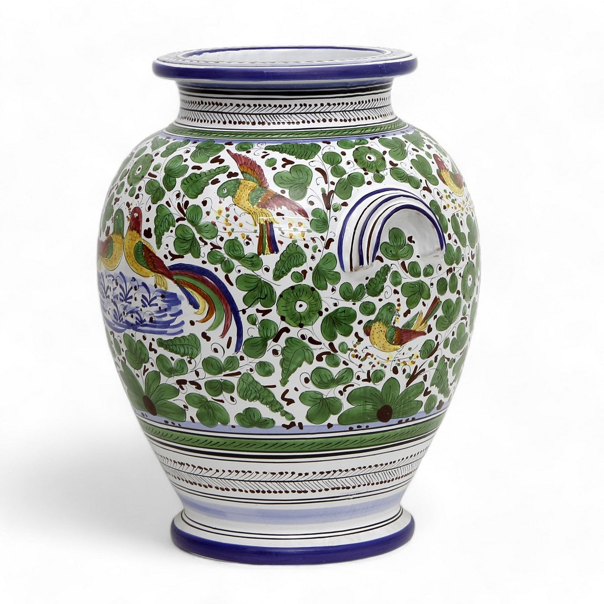 TUSCAN MAJOLICA: Deluxe Arabesco Green Orcio Urn -Birds in Love Design