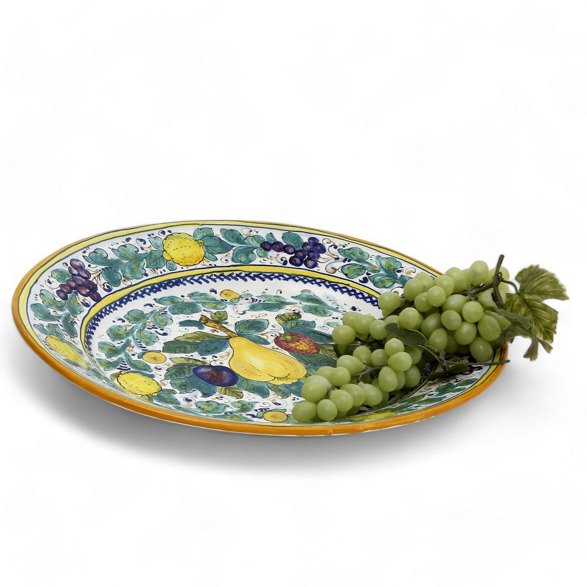 TUSCAN MAJOLICA: Large Oval Platter adorned with assorted fruits and Teal Green foliage