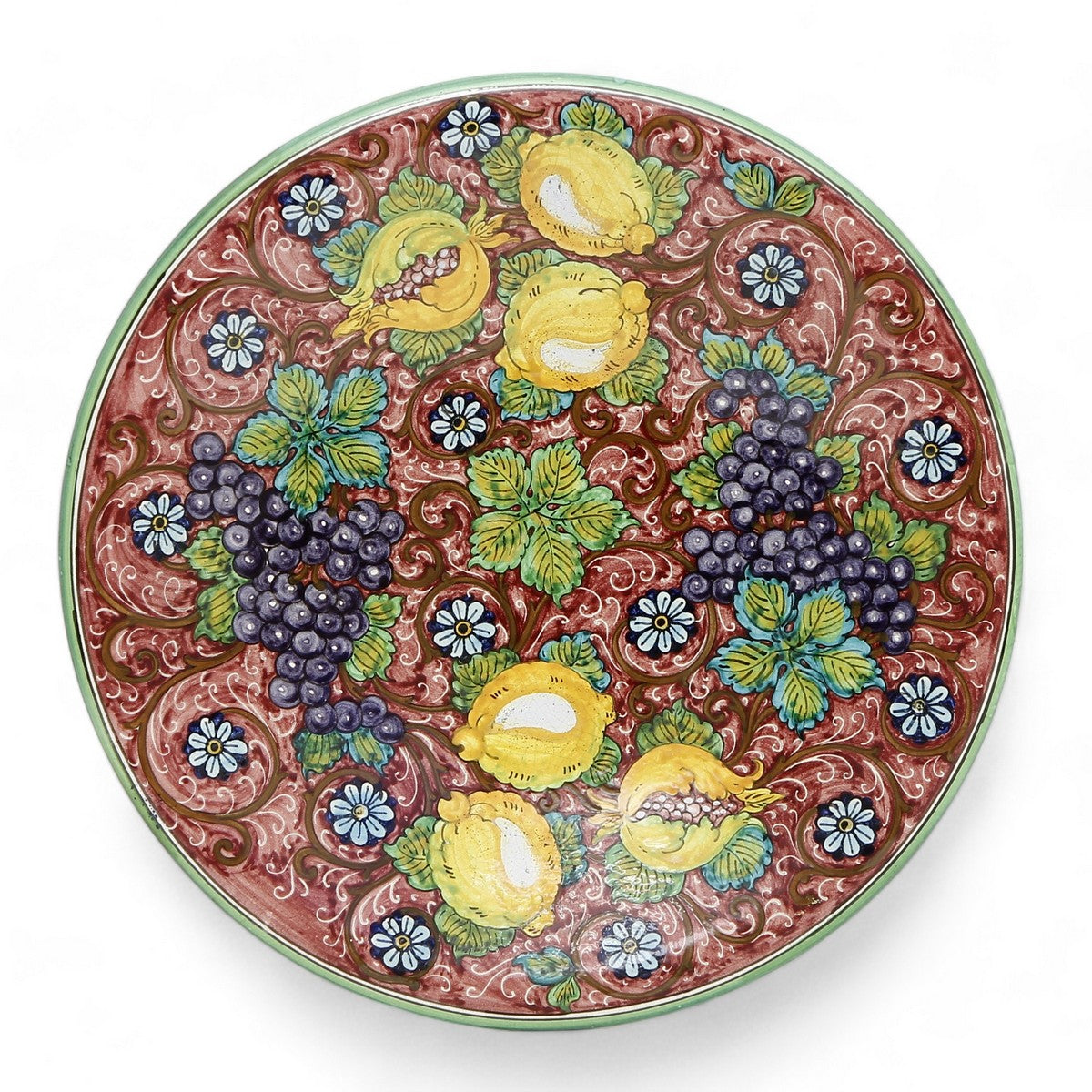 TUSCAN MAJOLICA: Large wall plate featuring Grapes, Pomegranate and Lemons on a Red Rubino rich design. (20.5&quot; DIAM)