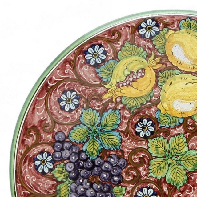 TUSCAN MAJOLICA: Large wall plate featuring Grapes, Pomegranate and Lemons on a Red Rubino rich design. (20.5" DIAM)