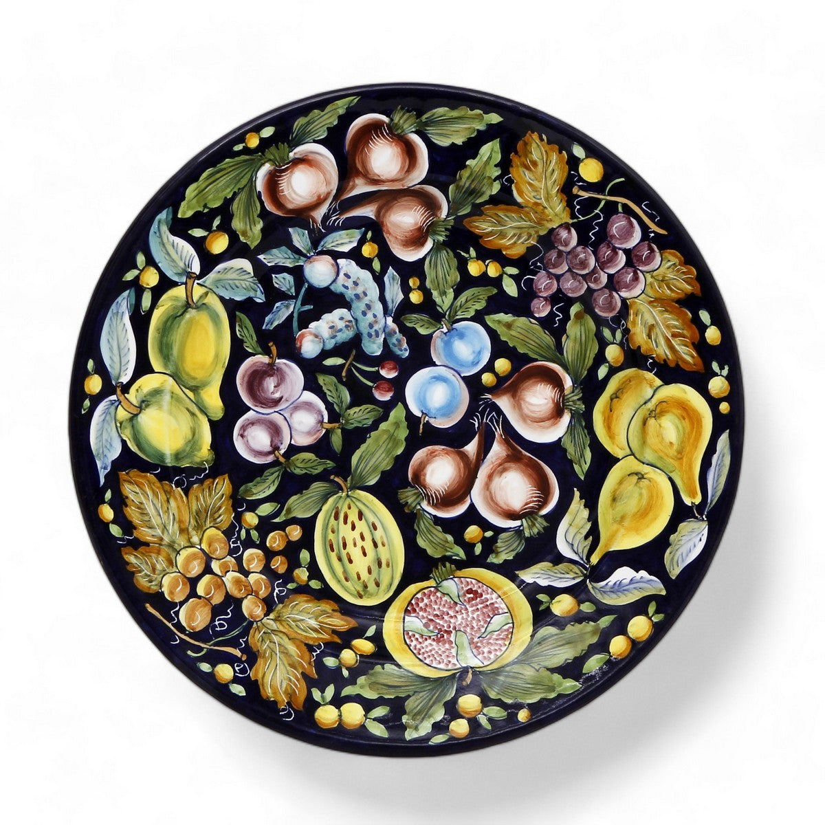 TUSCAN MAJOLICA: Medium wall plate featuring assorted fruits and foliage on a black background (15.5&quot; DIAM)