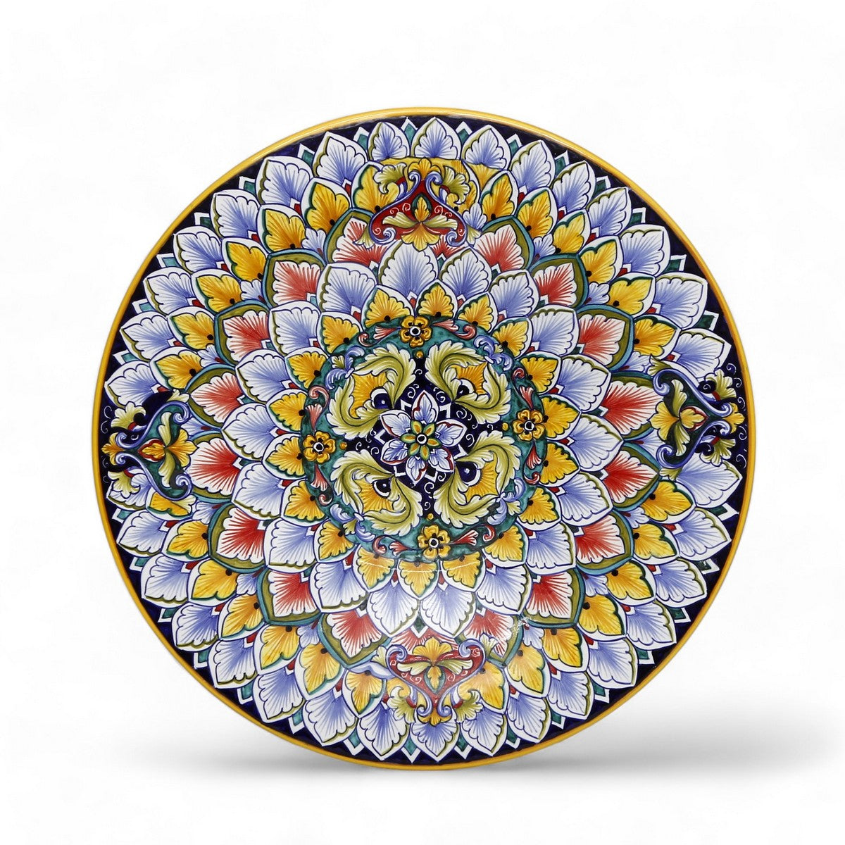 DERUTA MAJOLICA: Medium Luxury wall plate featuring a Deruta &quot;Penne di Pavone&quot; Peacock Vario design (16&quot; DIAM)