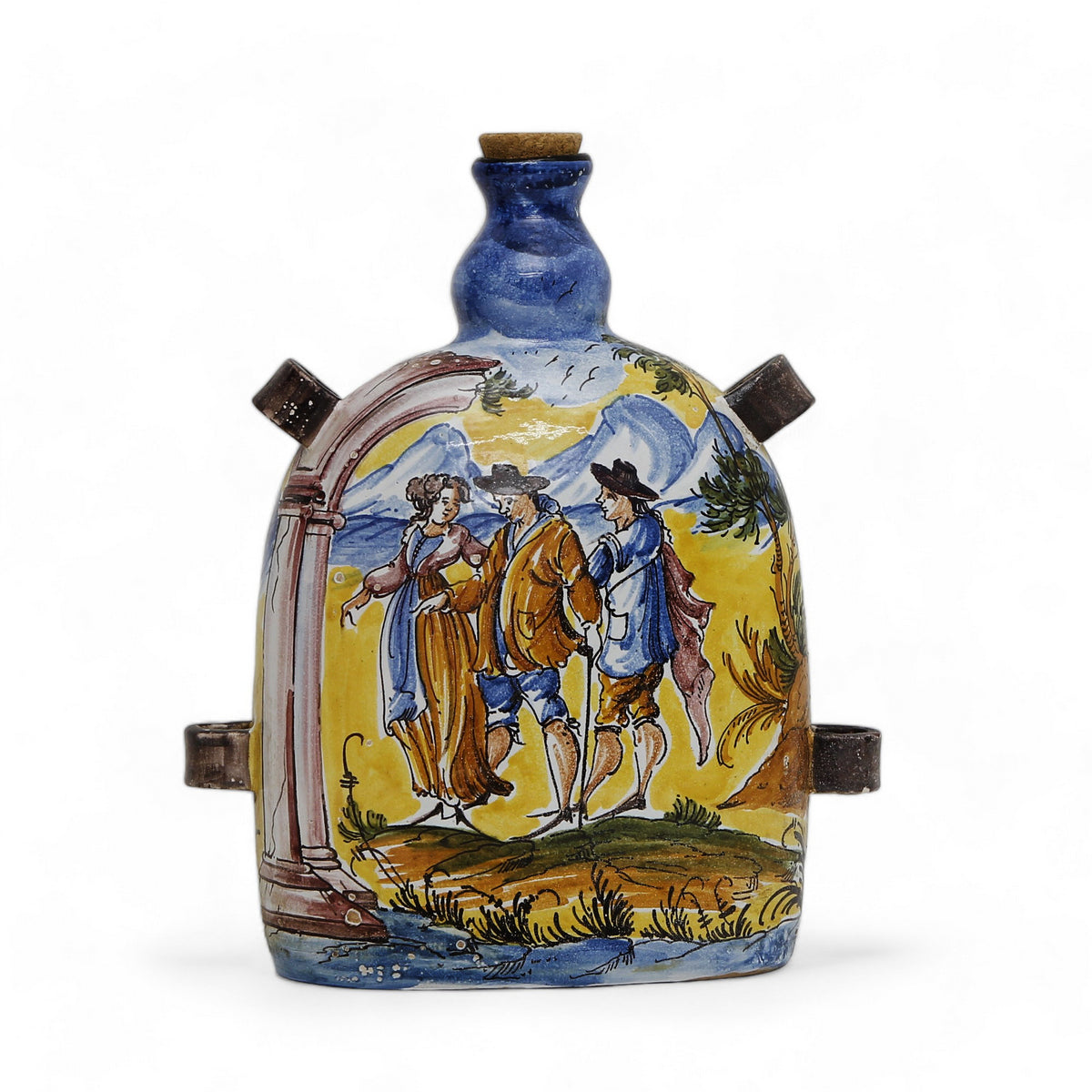 TUSCAN MAJOLICA: Old World Tuscan Flask depicting Renaissance farmers vignette with four handles and cork.