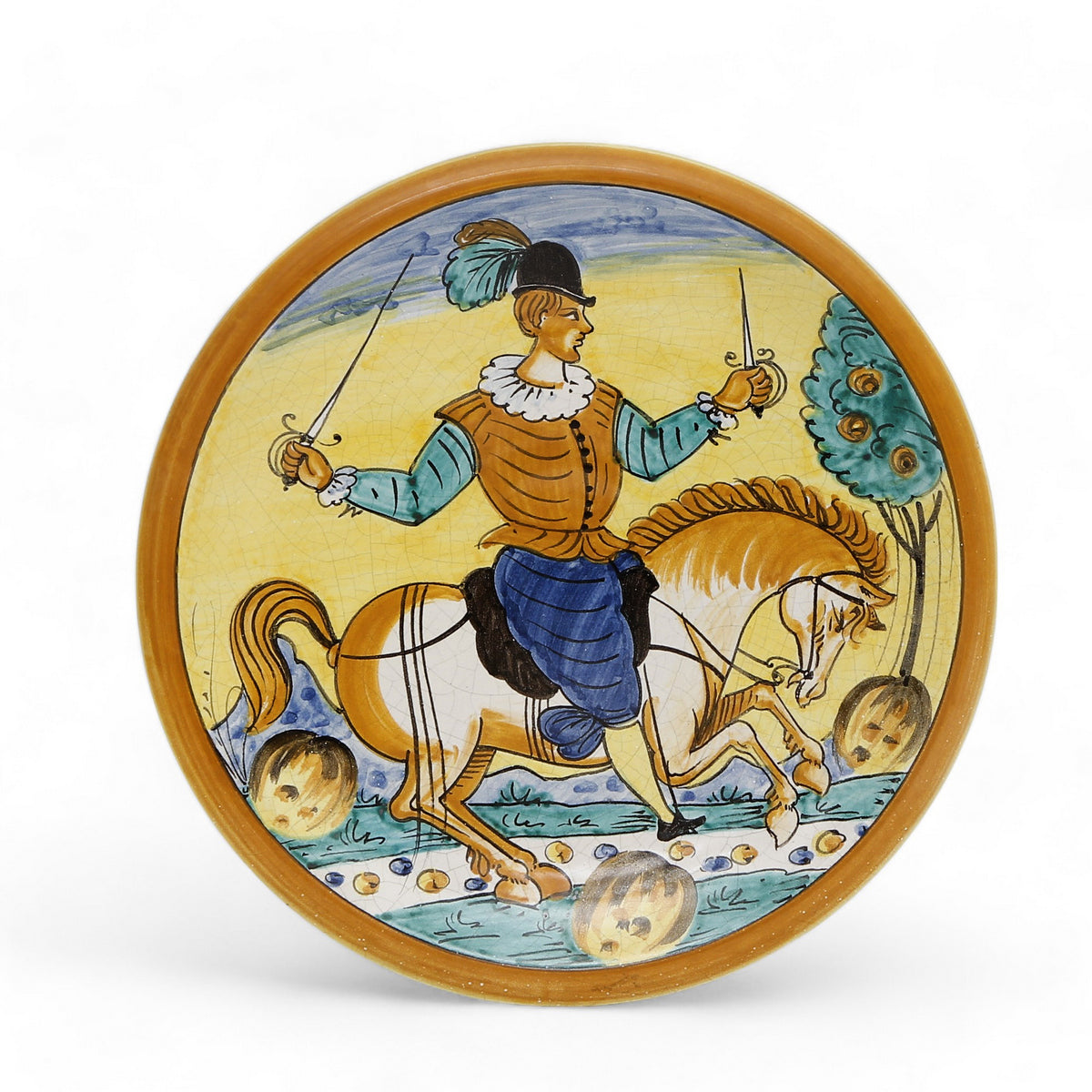 TUSCAN MAJOLICA: Medium wall plate featuring equestrian medieval man (14" DIAM)