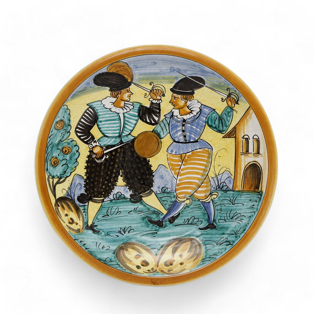 TUSCAN MAJOLICA: Medium wall plate featuring medieval duellling men (14&quot; DIAM)