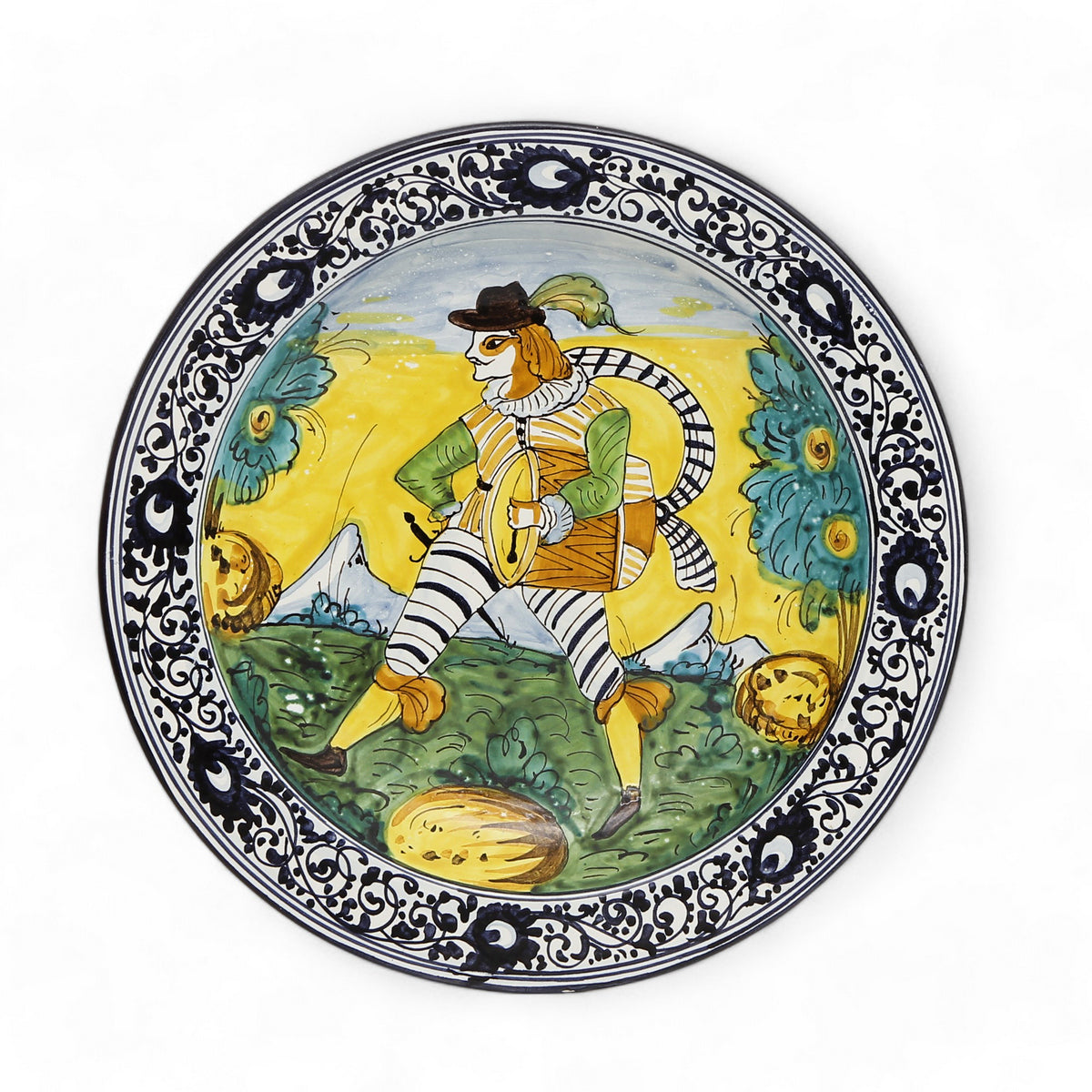 TUSCAN MAJOLICA: Medium wall plate featuring medieval farmer (14&quot; DIAM)