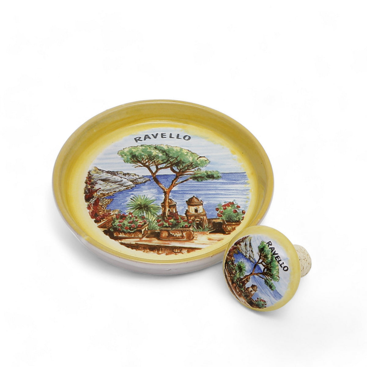 TUSCAN MAJOLICA: Souvenir Set of Ravello Coaster and Cork Stopper