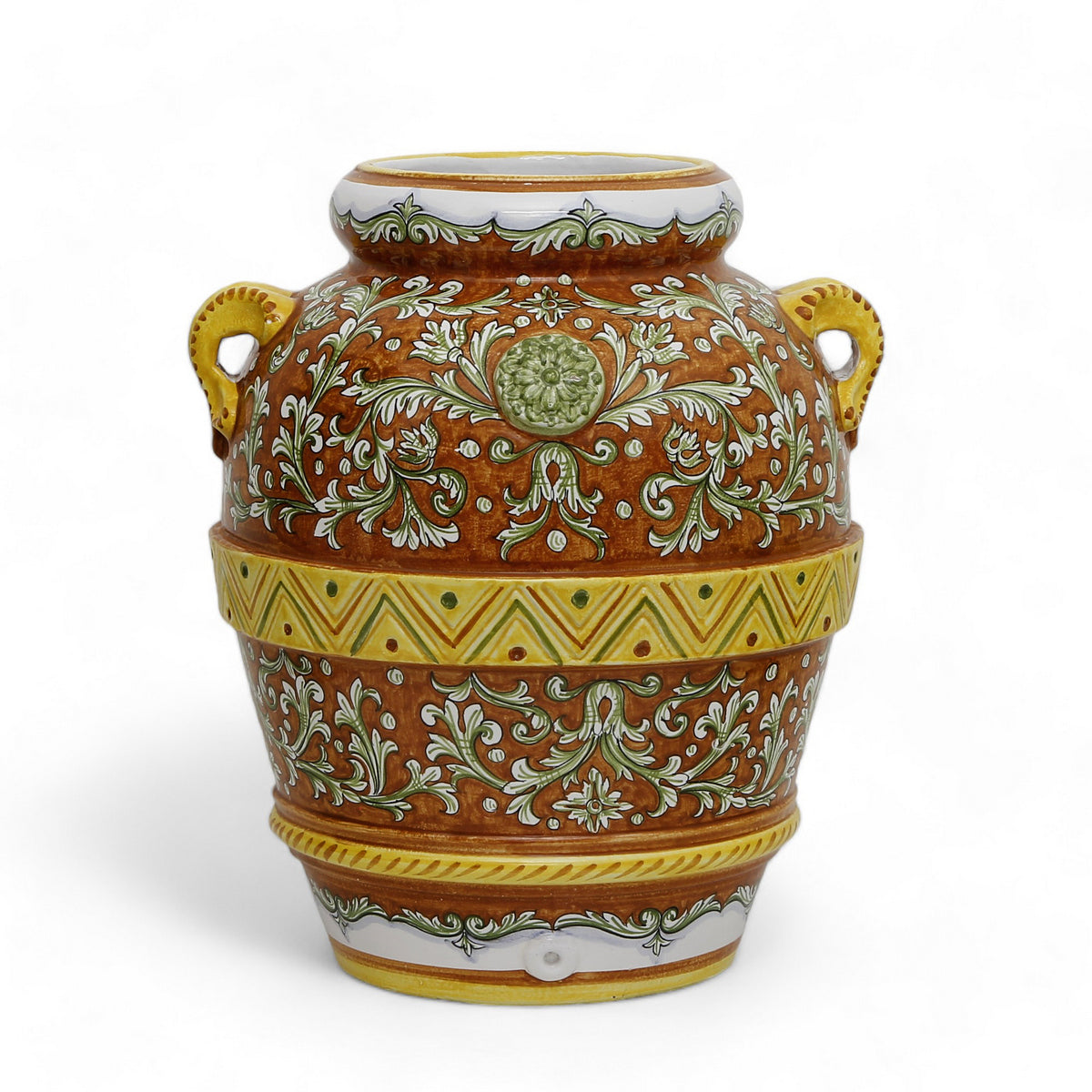 TUSCAN MAJOLICA: Orcio Urn Masterpiece featuring an intricate foliage over a brown background