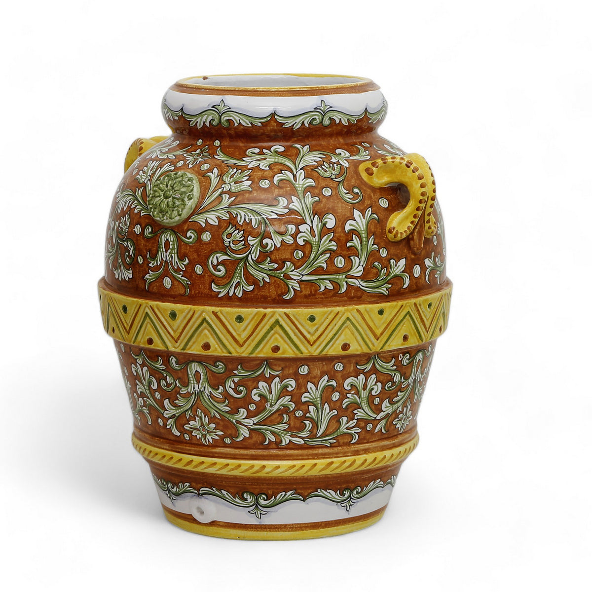 TUSCAN MAJOLICA: Orcio Urn Masterpiece featuring an intricate foliage over a brown background