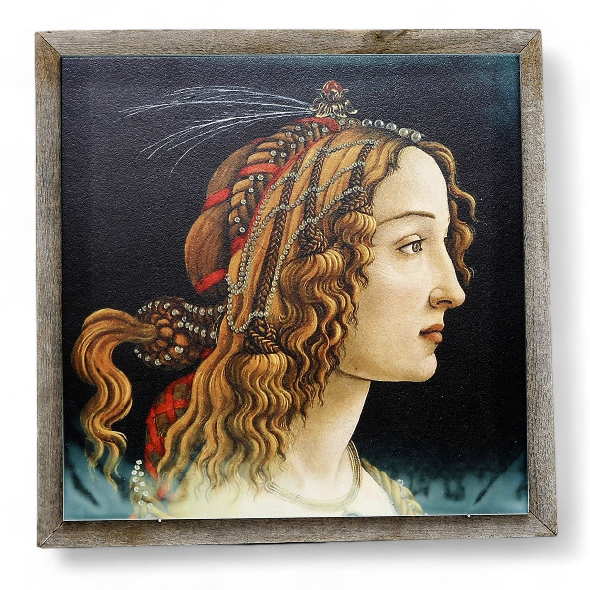 SUBLIMART: Affresco Ceramic Tile on Distressed Reclaimed Barn Wood Frame - Opera "Lady Simonetta Vespucci" portrait by Sandro Botticelli