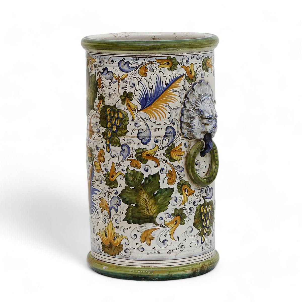 TUSCAN MAJOLICA: Large Umbrella Stand Vase hand painted with the renowned Caffagiolo Design