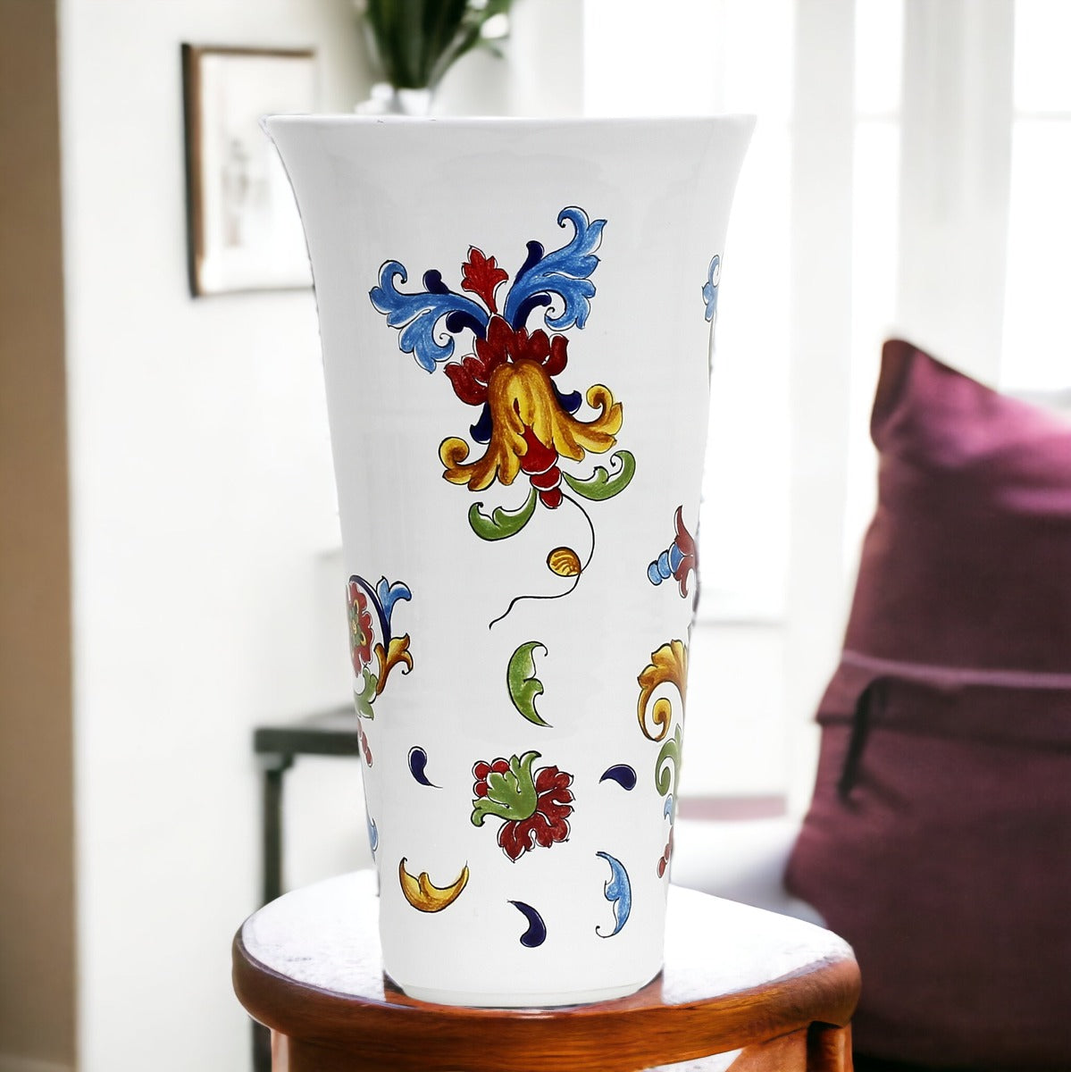 DERUTA ORNATO: Tall flared vase decorated in a colorful Ricco Deruta scrollwork