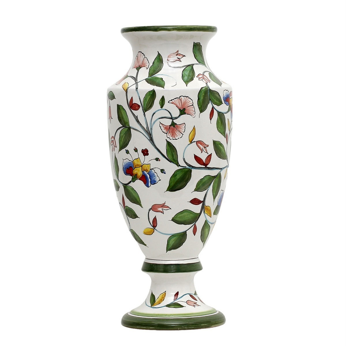 DERUTA FLORIANA: Tall footed Art Deco vase hand painted decorated in a floral design with hummingbird.