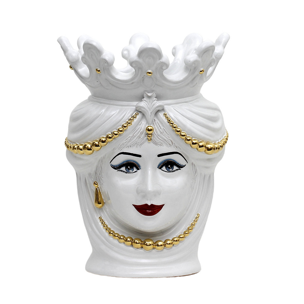 CALTAGIRONE: Moorish Sicilian Head Vase - Woman pure white glaze with 24 Carats Painted Gold decoration (Large)