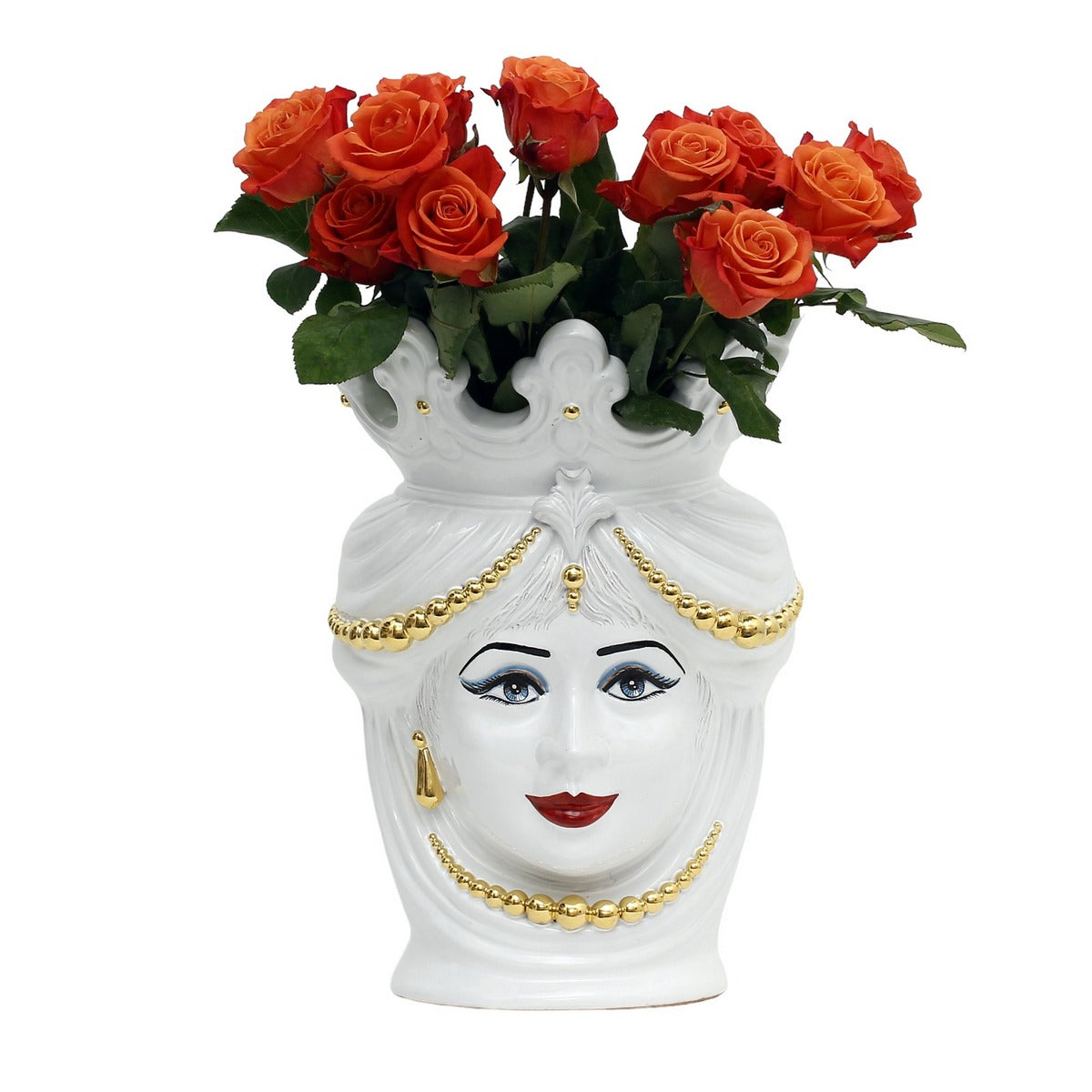 CALTAGIRONE: Moorish Sicilian Head Vase - Woman pure white glaze with 24 Carats Painted Gold decoration (Large)