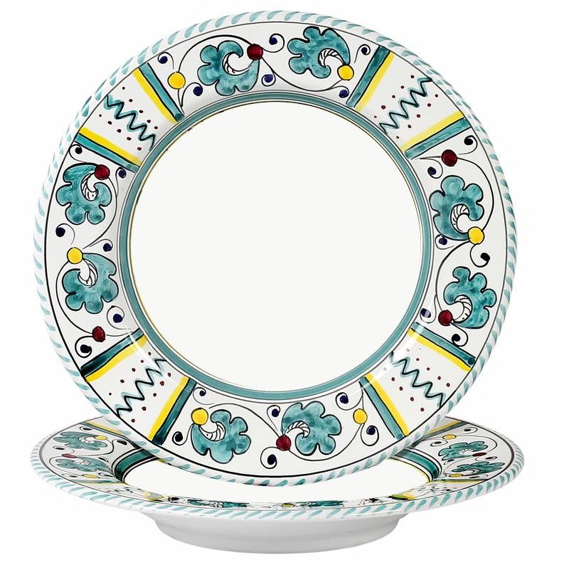 ORVIETO GREEN ROOSTER: Pasta/Soup Rim Plate (White Center) - artisticaitalian.com