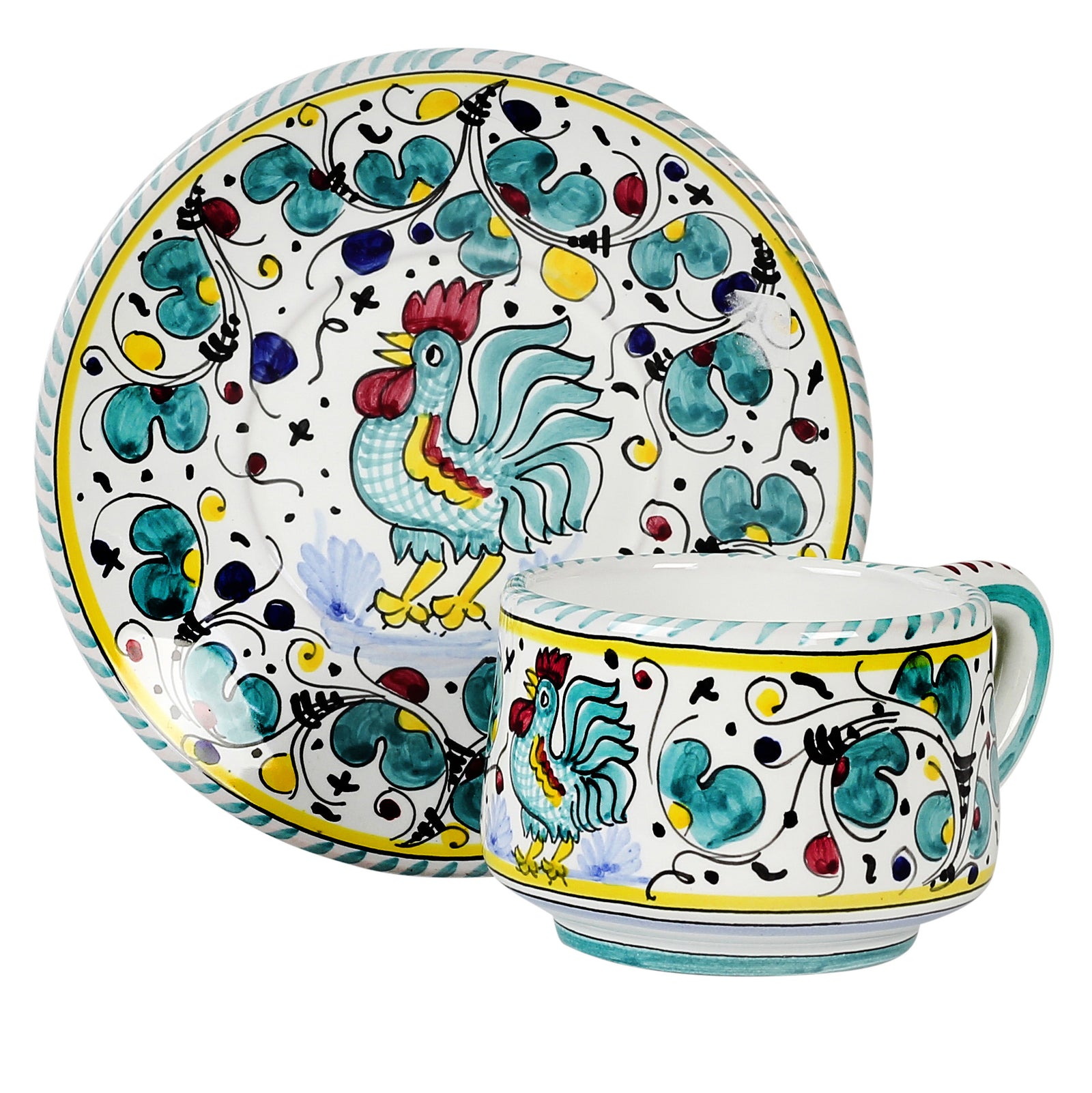 ORVIETO GREEN ROOSTER: Tea/Coffee Cup and Saucer - artisticaitalian.com