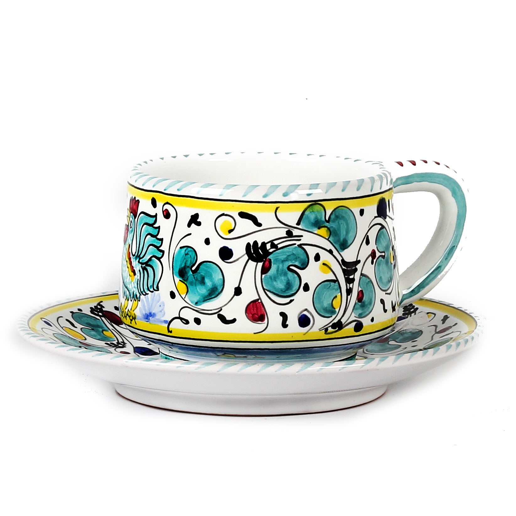 ORVIETO GREEN ROOSTER: Tea/Coffee Cup and Saucer - artisticaitalian.com