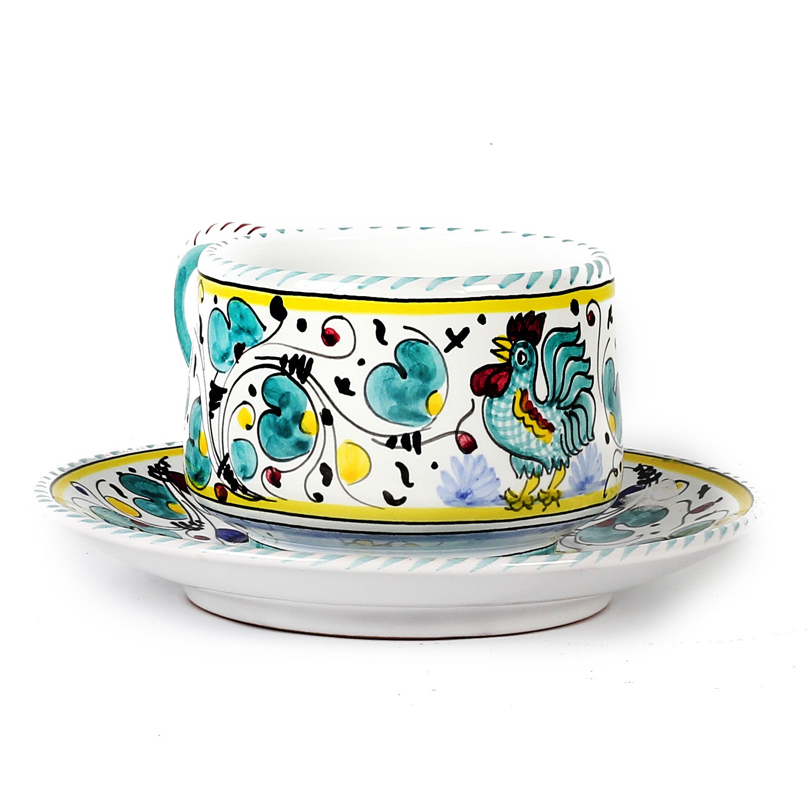 ORVIETO GREEN ROOSTER: Tea/Coffee Cup and Saucer - artisticaitalian.com