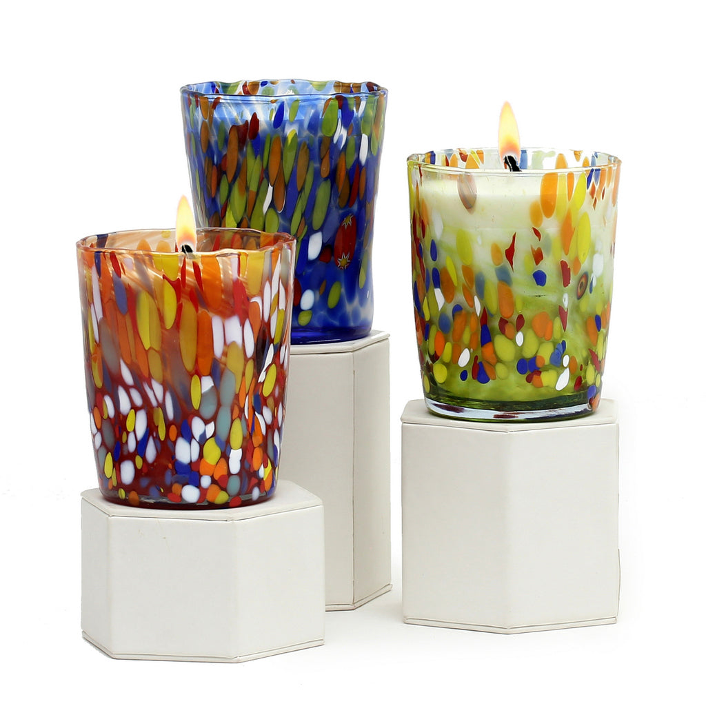 HOLIDAYS ITALIAN GLASS: Murano Style Crumpled Candle (Green Mix) - artisticaitalian.com