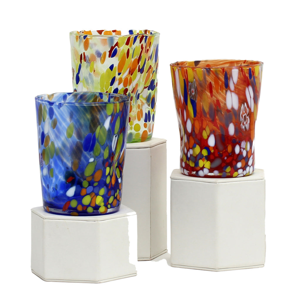 MURANO MURRINA STYLE:  Crumpled Water Tumbler Glass fully hand made (Red Mix) - artisticaitalian.com