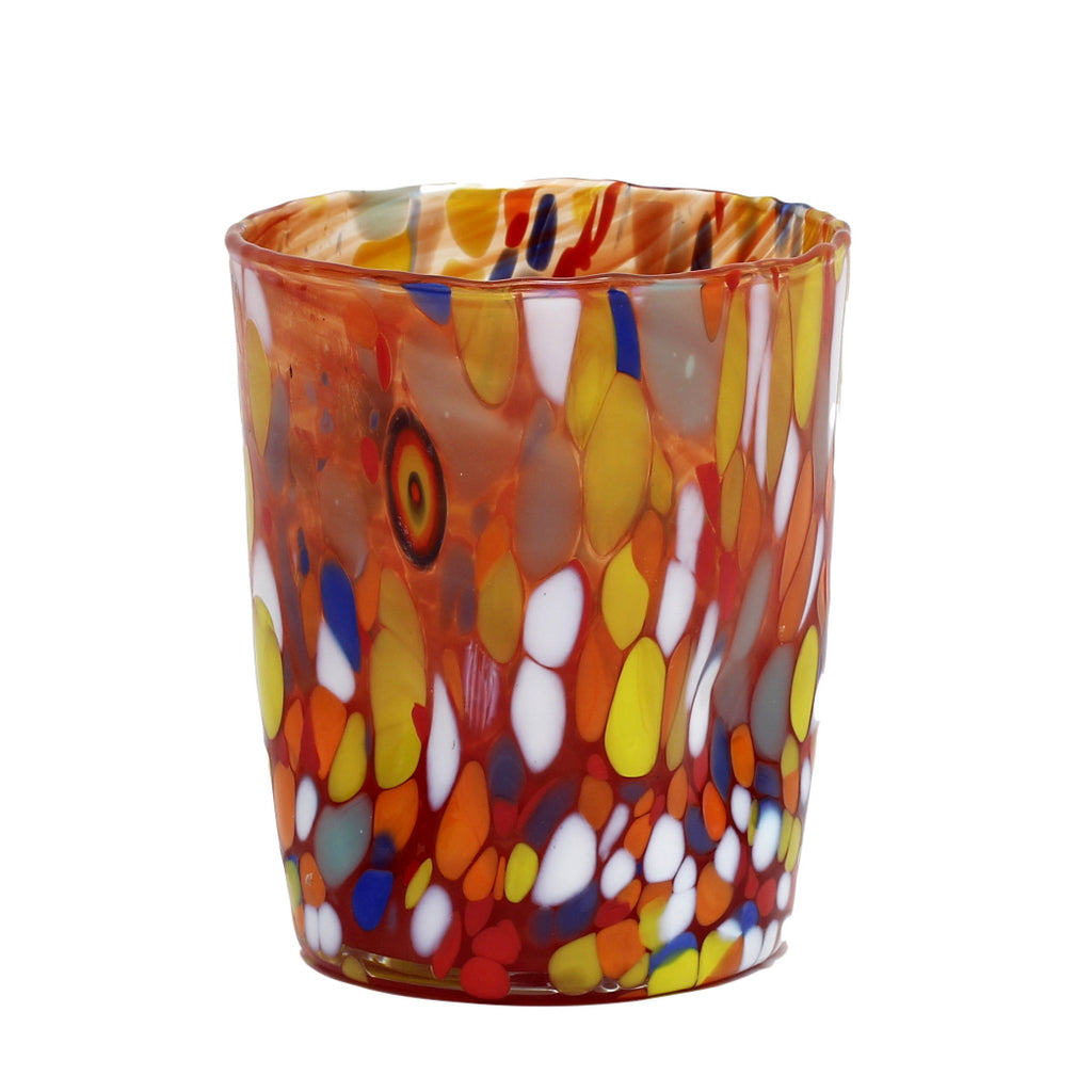 MURANO MURRINA STYLE:  Crumpled Water Tumbler Glass fully hand made (Red Mix) - artisticaitalian.com