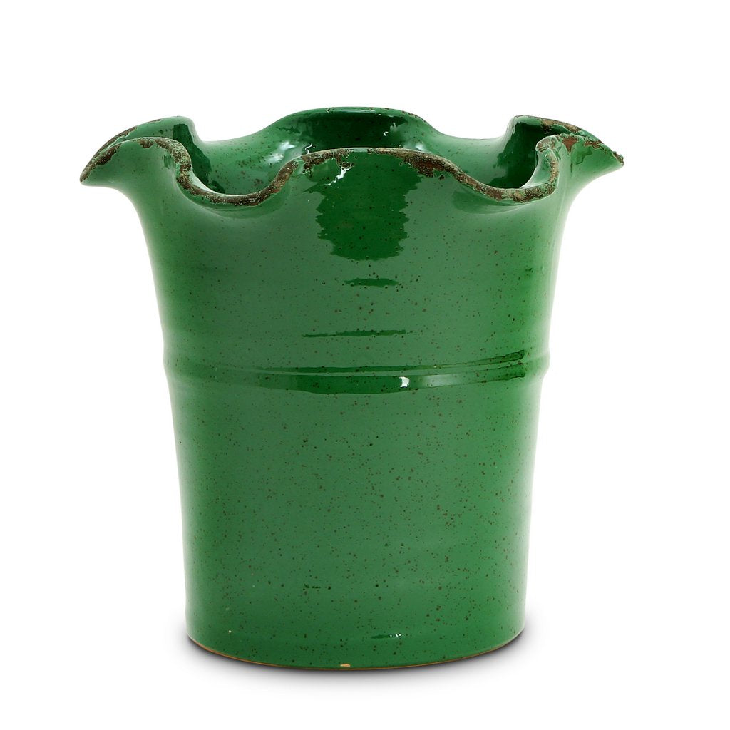 SCAVO Giardini Garden: Large Planter Vase with fluted rim &#39;VERDE PRATO&#39; Dark Green - artisticaitalian.com