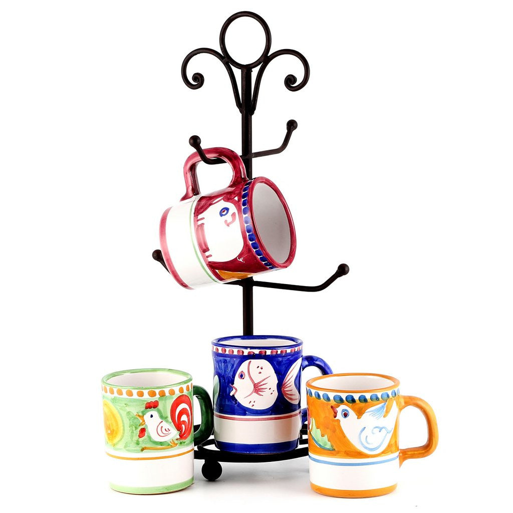 VIETRI: CAMPAGNA 4 Mugs Set as shown and wrought iron four arms mug stand tree (1010/POR.GNA.PES.UCC.55464-TRI) - artisticaitalian.com