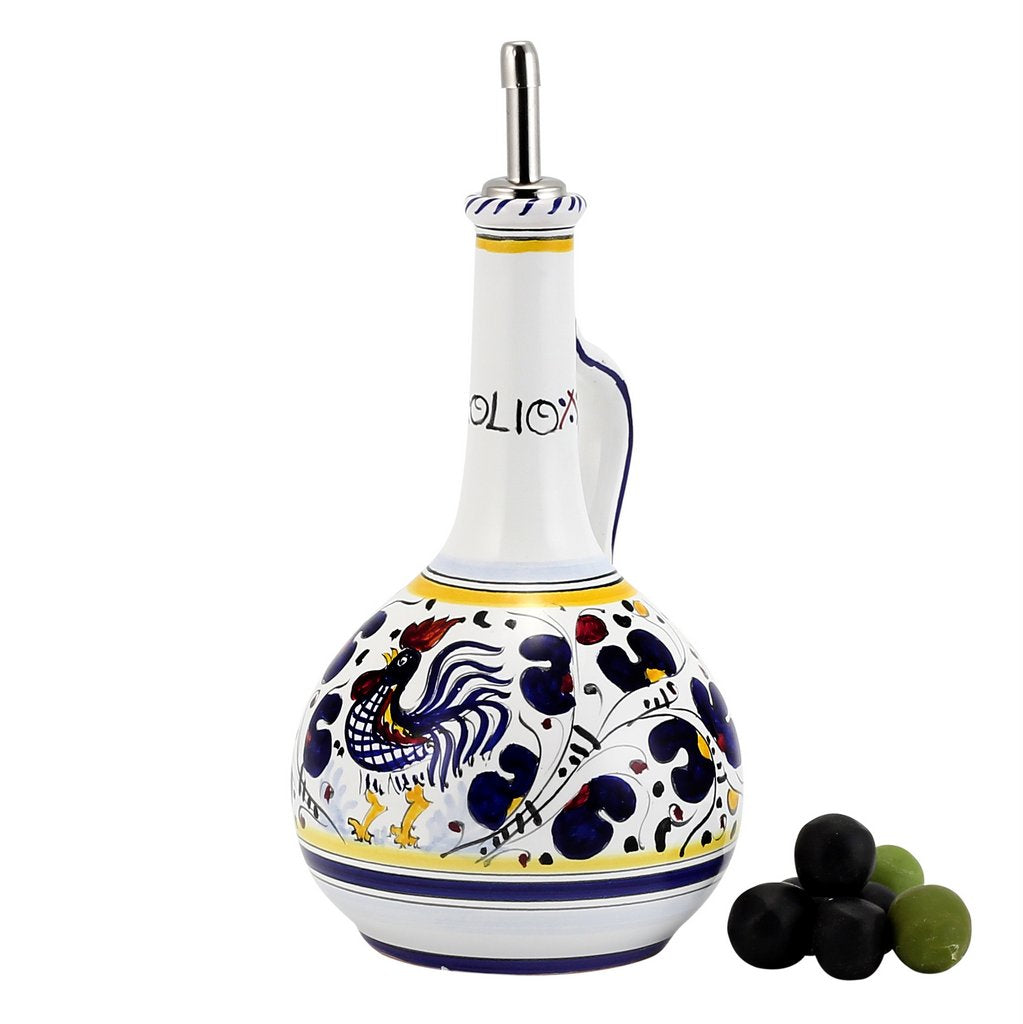 ORVIETO BLUE ROOSTER: Bundle with Utensil Holder + Olive Oil Dispenser + Biscotti Jar - artisticaitalian.com