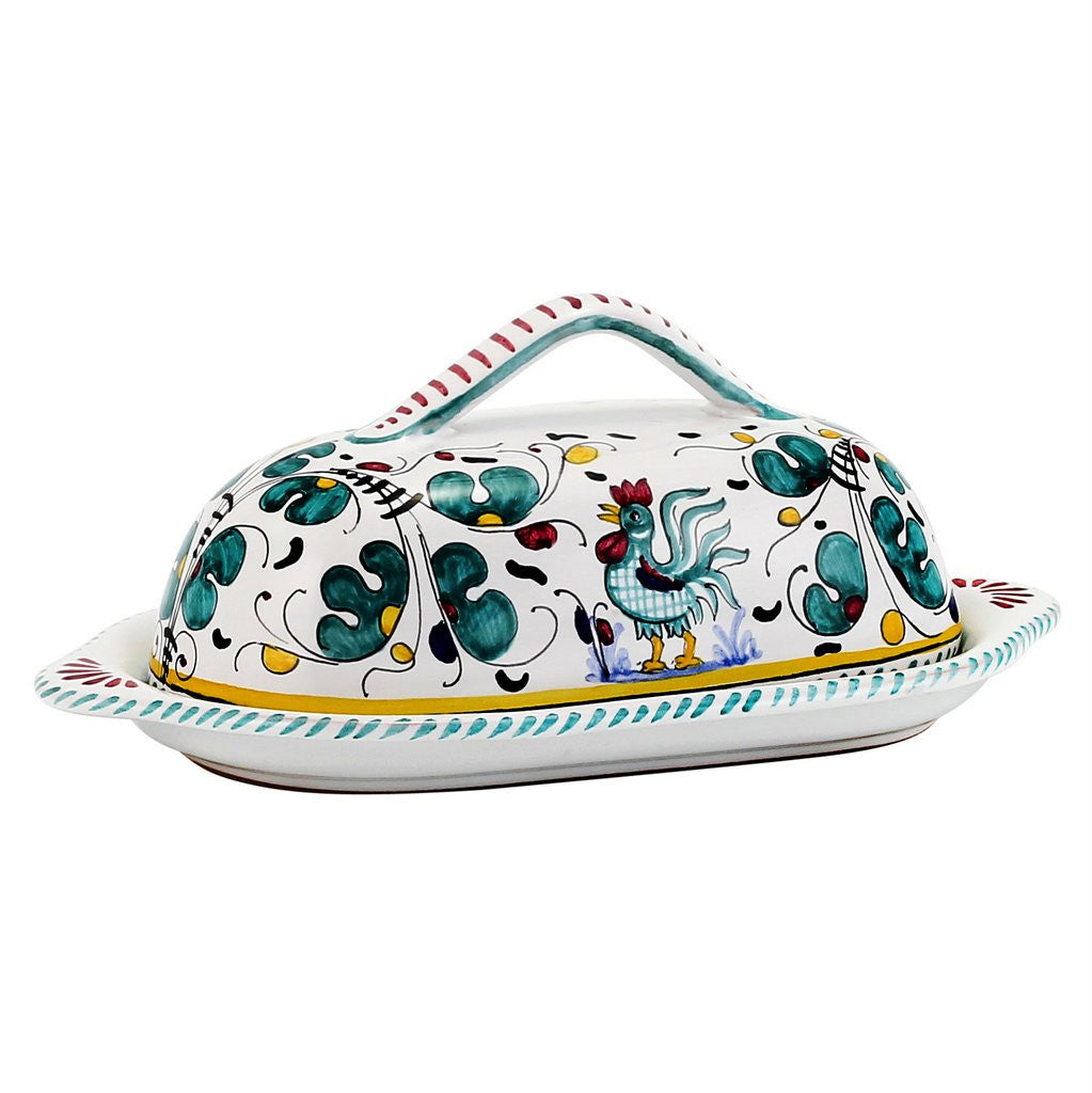 ORVIETO GREEN ROOSTER: Butter Dish w cover - artisticaitalian.com