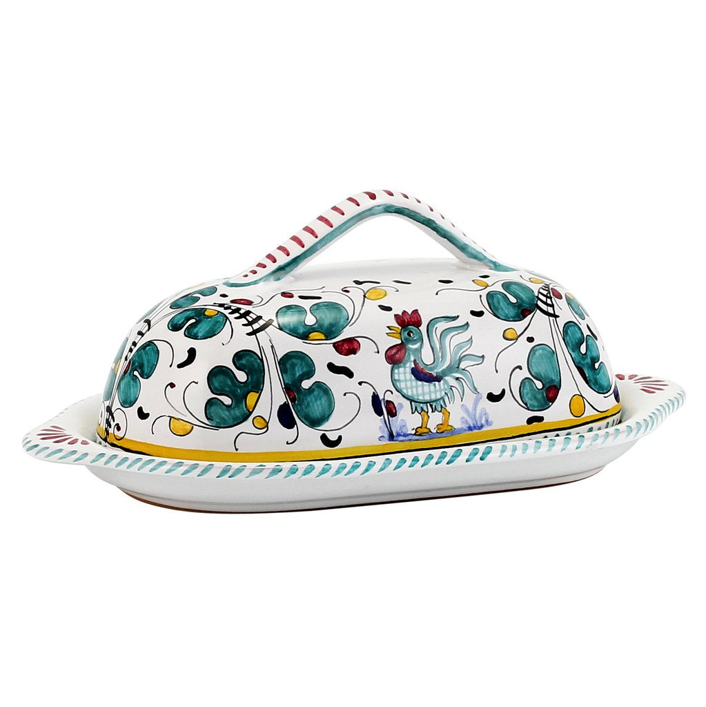 ORVIETO GREEN ROOSTER: Bundle with Butter Dish + Sauce Boat + Spoon Rest - artisticaitalian.com