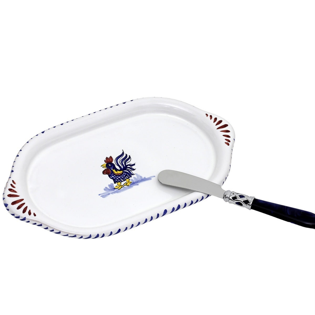 ORVIETO BLUE ROOSTER: Oval Butter Tray + Spreader - Bundle Set