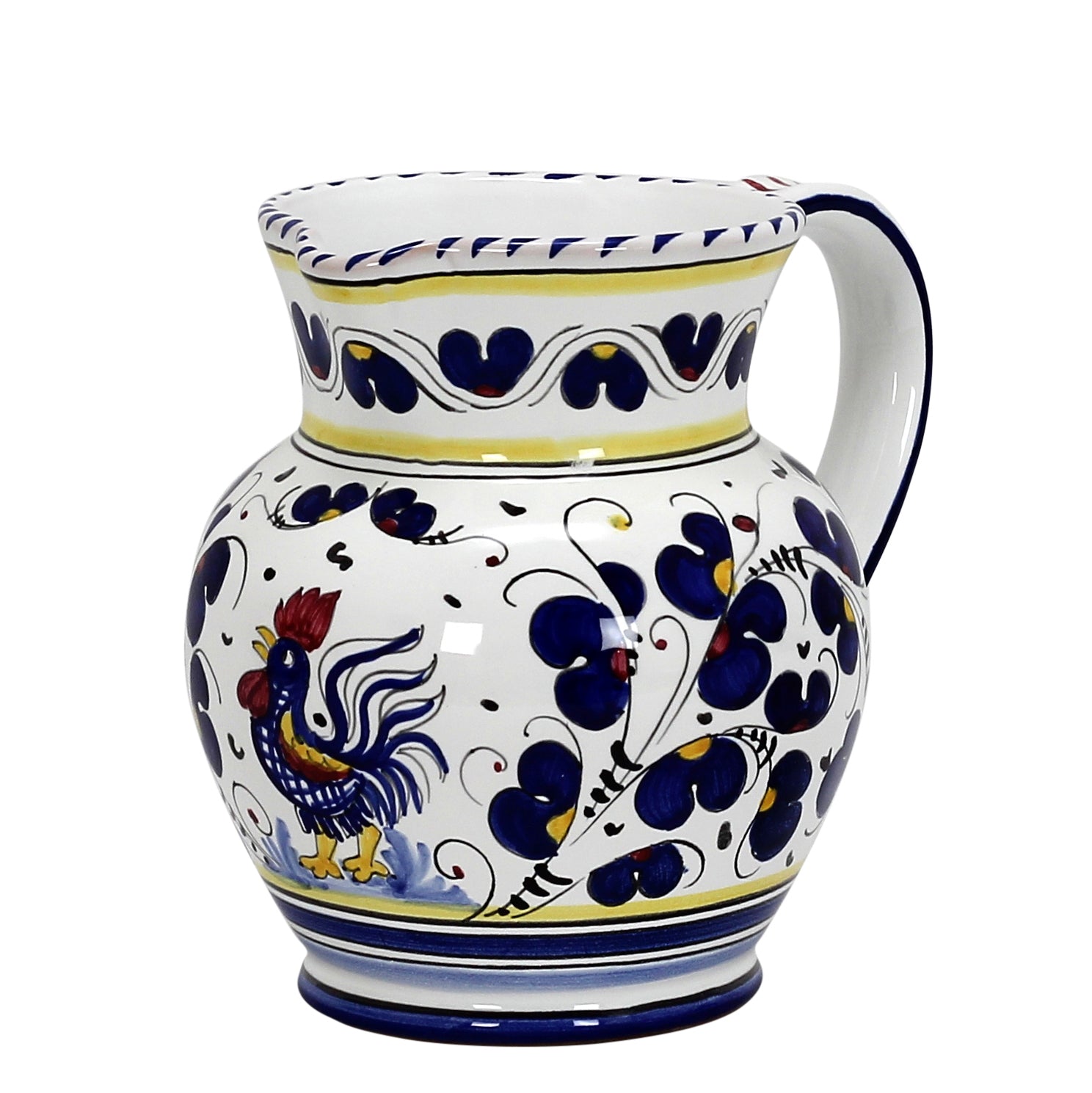 ORVIETO BLUE ROOSTER: Traditional Deruta Pitcher (1.25 Liters/40 Oz/5 Cups) - artisticaitalian.com