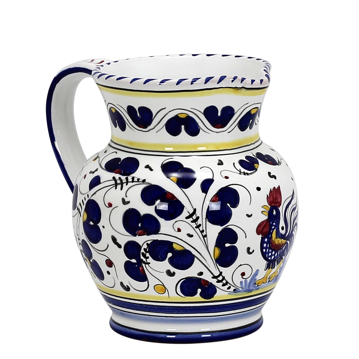 ORVIETO BLUE ROOSTER: Traditional Deruta Pitcher (1.25 Liters/40 Oz/5 Cups) - artisticaitalian.com