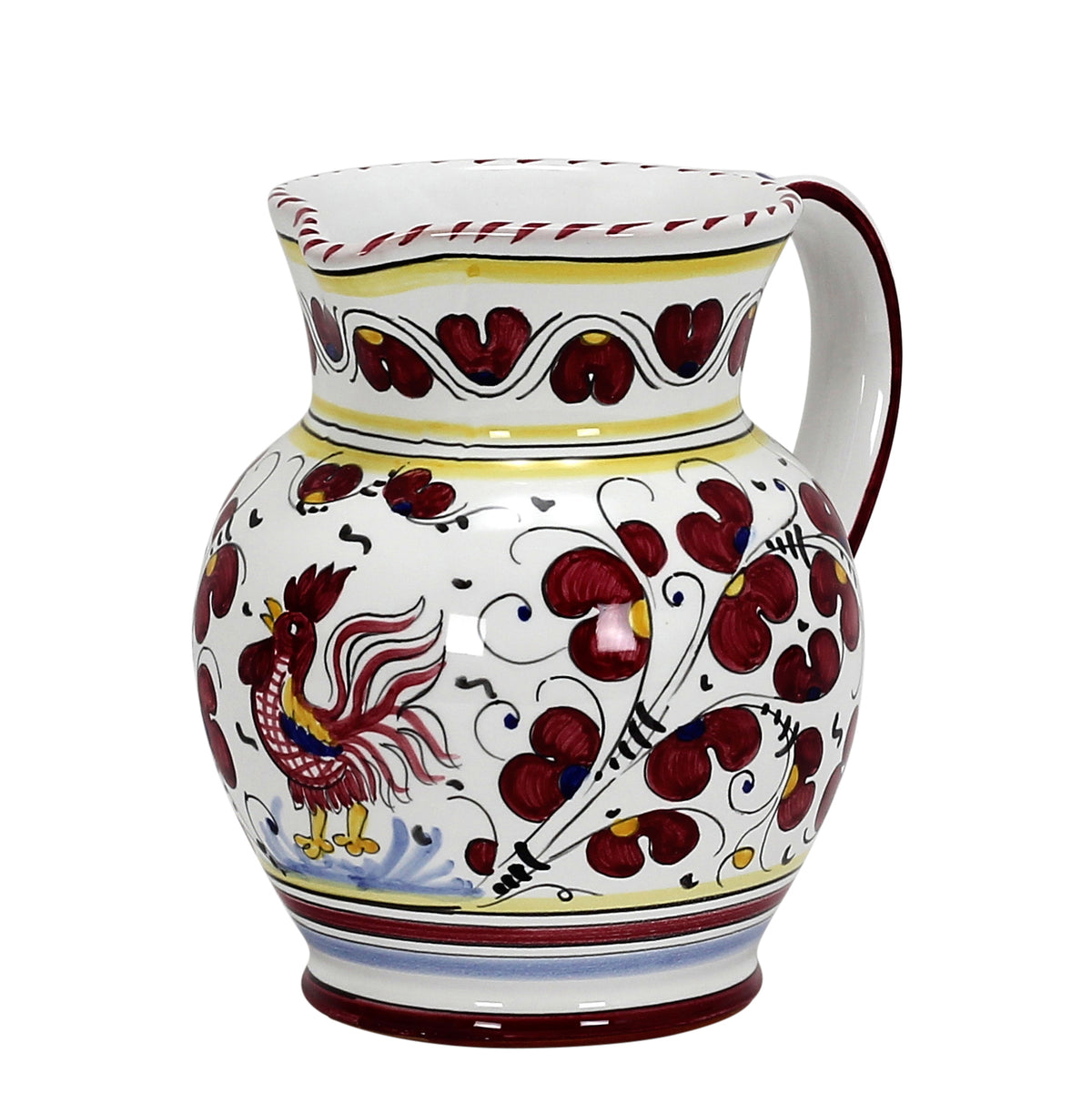 ORVIETO RED ROOSTER: Traditional Deruta Pitcher (1.25 Liters/40 Oz/5 Cups) - artisticaitalian.com