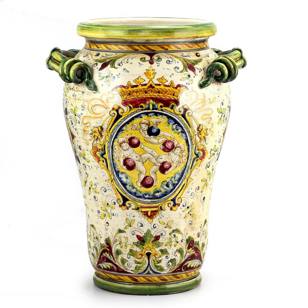 MAJOLICA MEDICI: Large Vase Umbrella Stand with two handles and DeMedici Crest - artisticaitalian.com